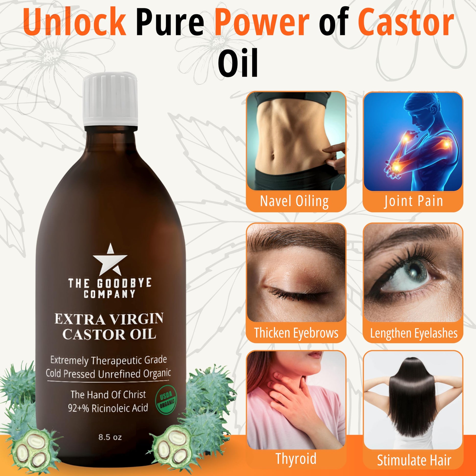 The Goodbye Company castor oil fluid ounces measurement and amber glass bottle