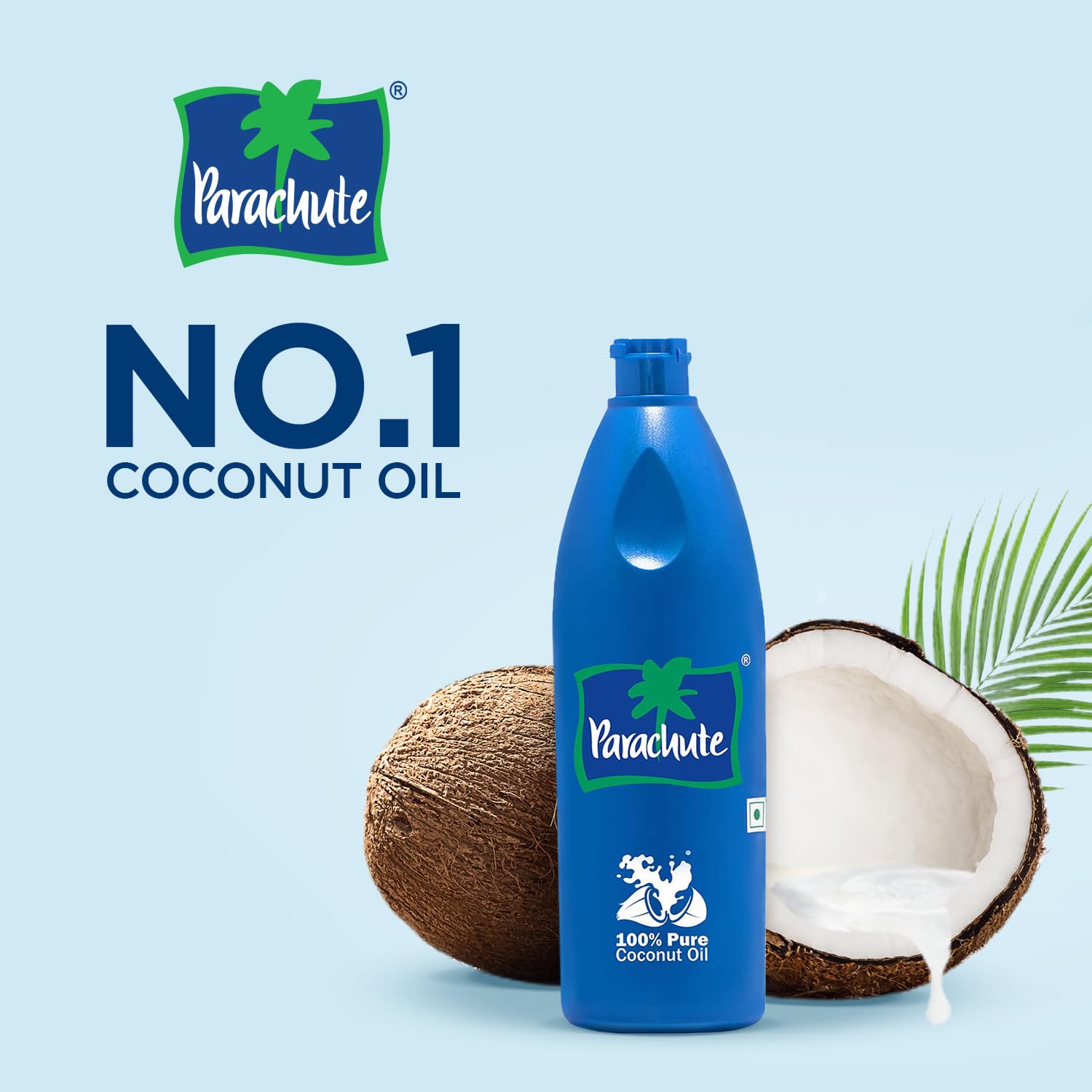 Parachute pure natural coconut oil bottle showcasing the tamper proof seal packaging