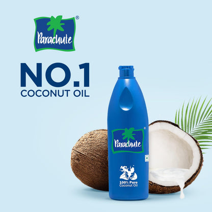 Parachute pure natural coconut oil bottle showcasing the tamper proof seal packaging