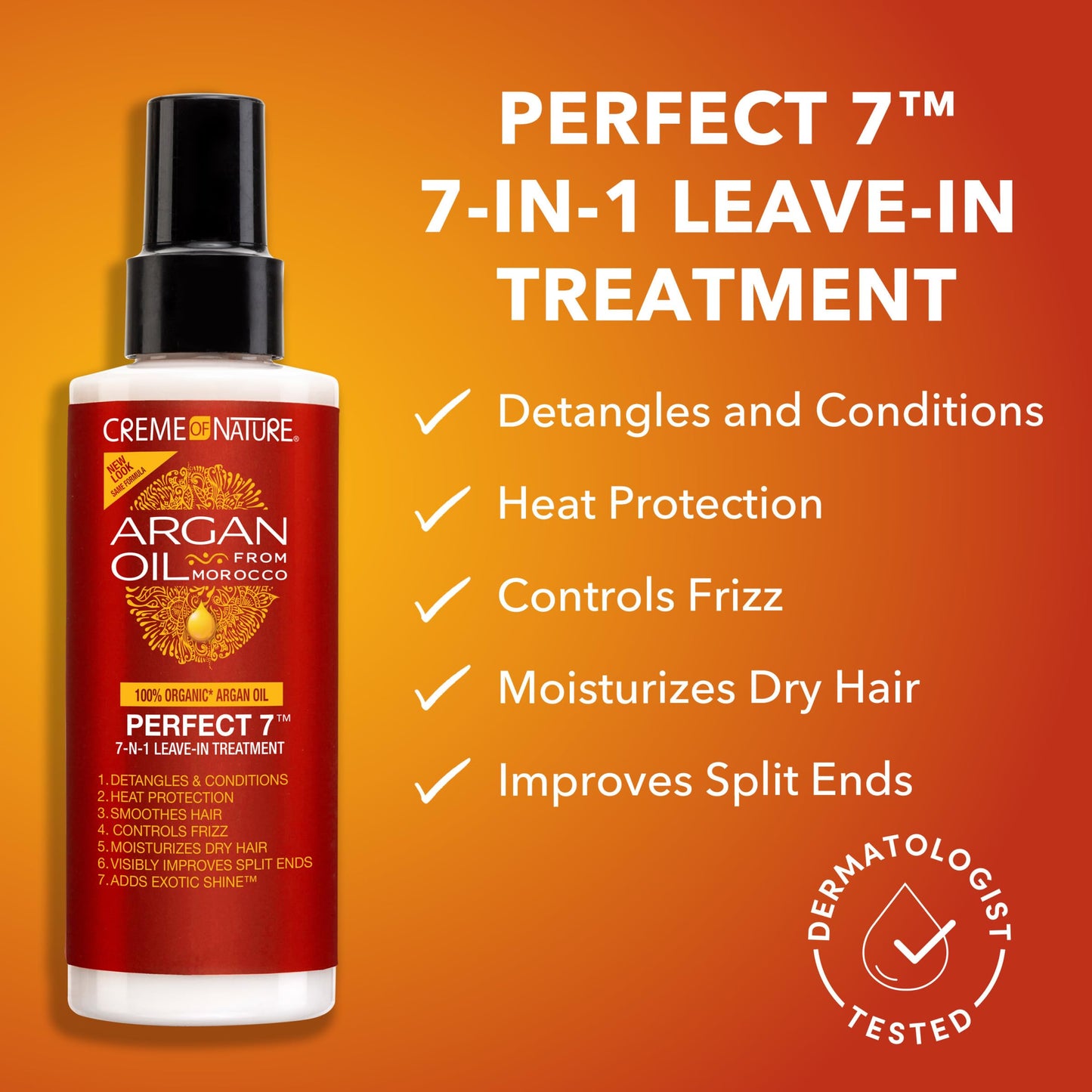 Creme of Nature heat protectant spray packaging detailing the Moroccan argan oil blend