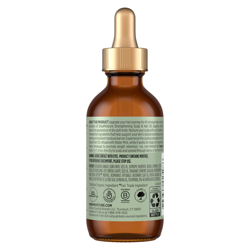 SheaMoisture Rosemary and Vegan Collagen Scalp Oil bottle showing ingredients list.