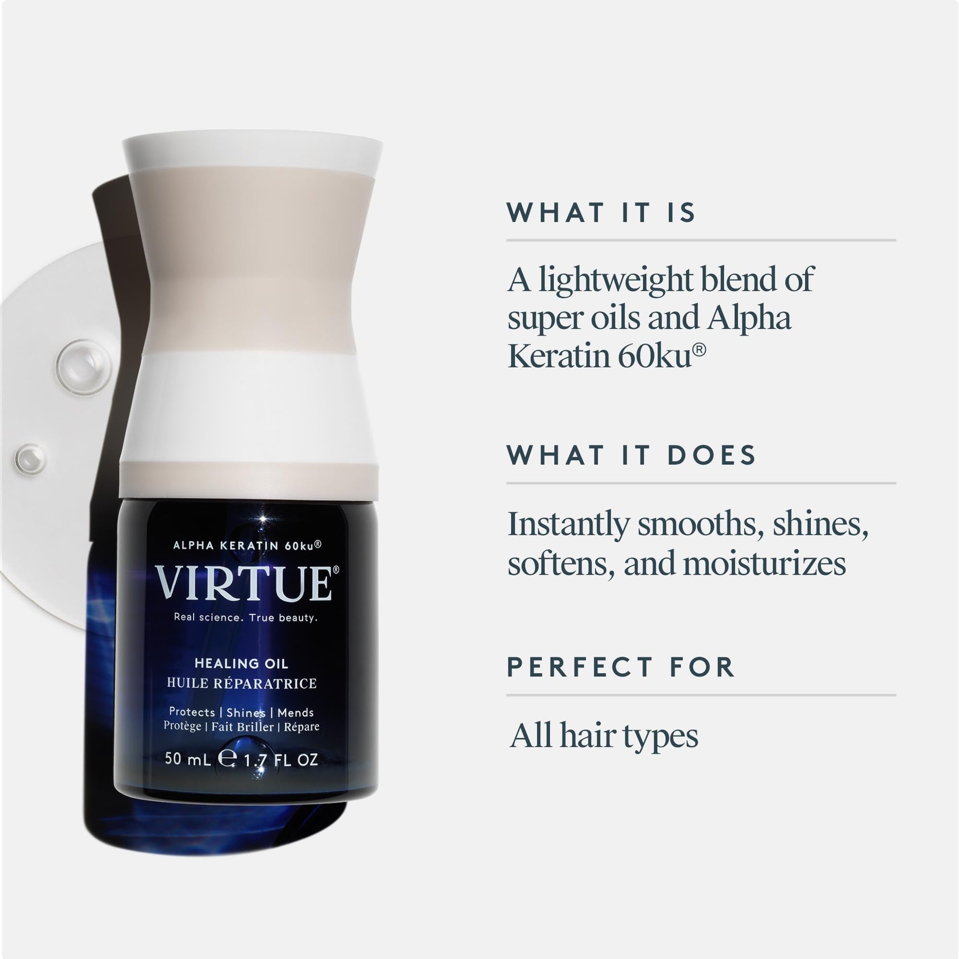 Applying drops of Virtue hydrating hair oil from the bottle for heat protection.