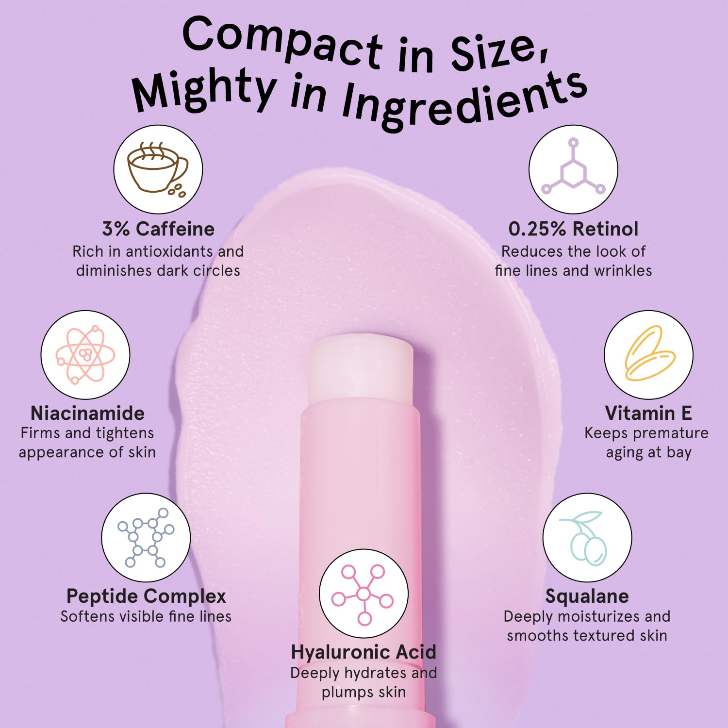 Grace And Stella vegan skincare eye balm stick highlighting the key ingredients caffeine and retinol