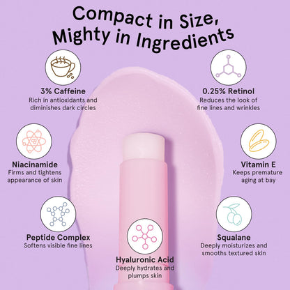 Grace And Stella vegan skincare eye balm stick highlighting the key ingredients caffeine and retinol