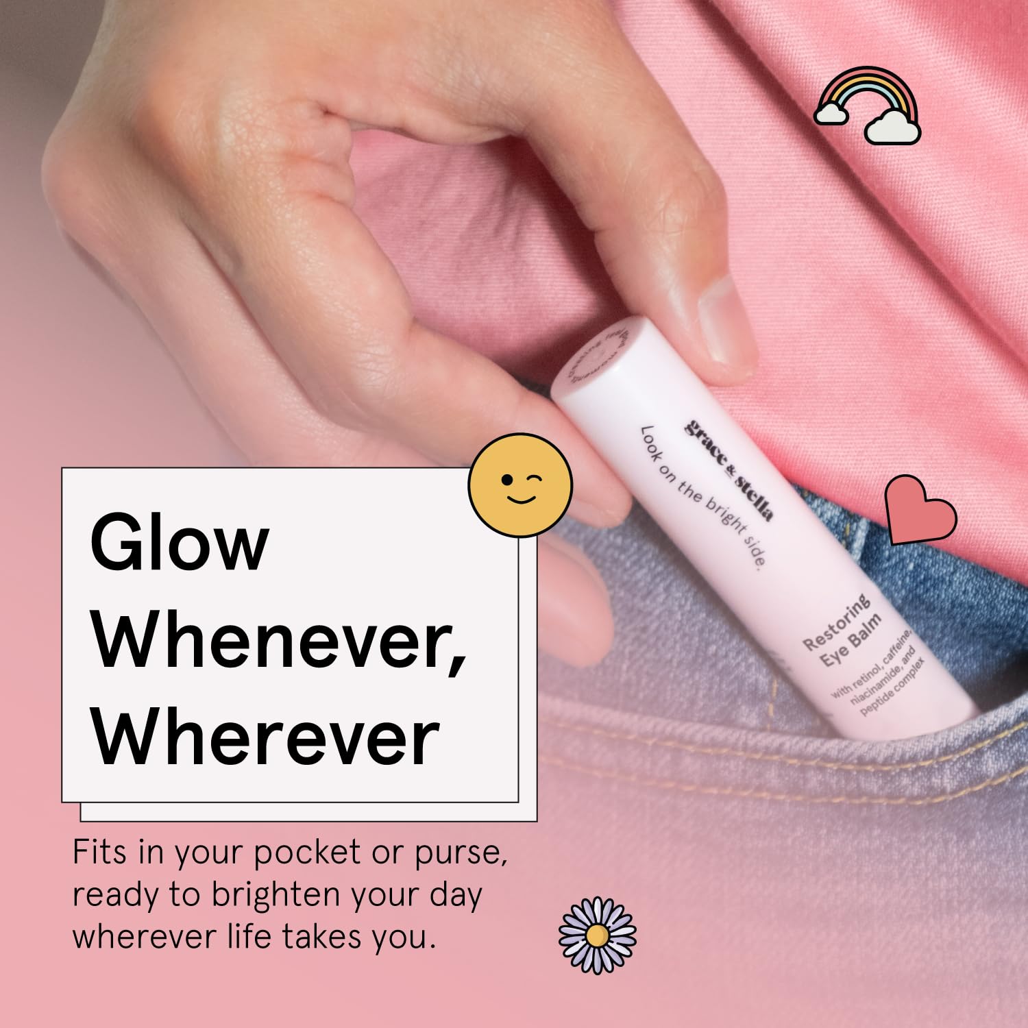 Compact travel size toiletries from Grace And Stella showcasing the under-eye brightening stick dimension