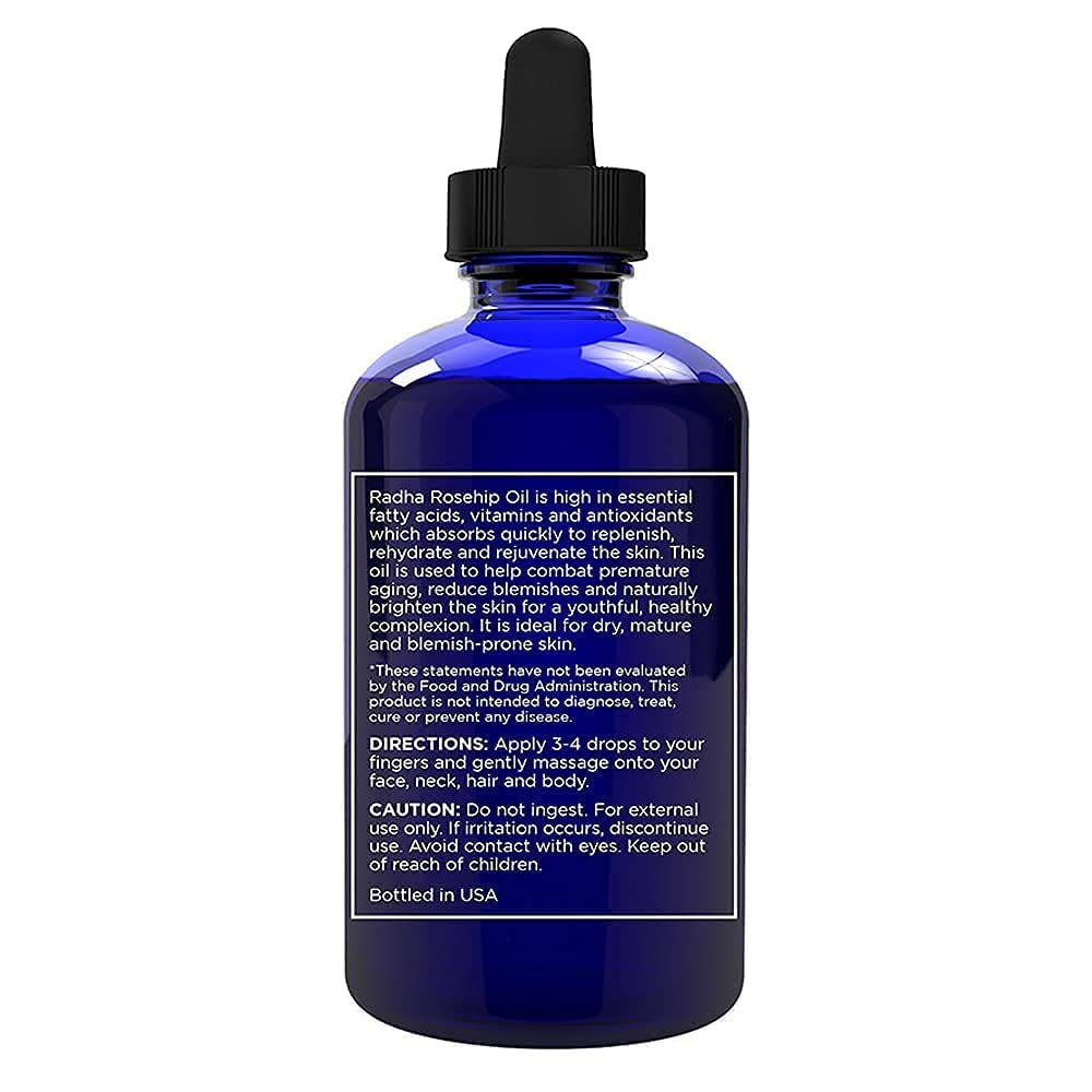 Radha Beauty cold pressed rosehip carrier oil for authentic skin hydration.