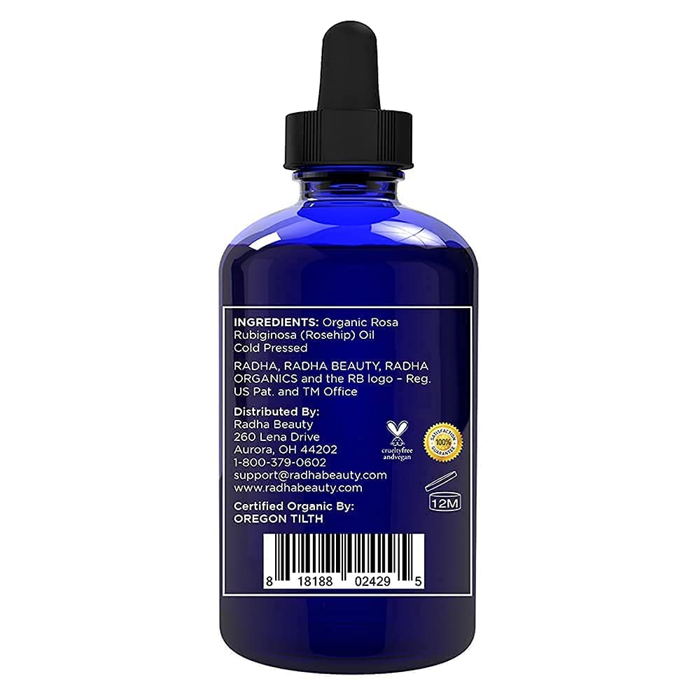 Radha Beauty 4 ounce pure rosehip oil product packaging details.