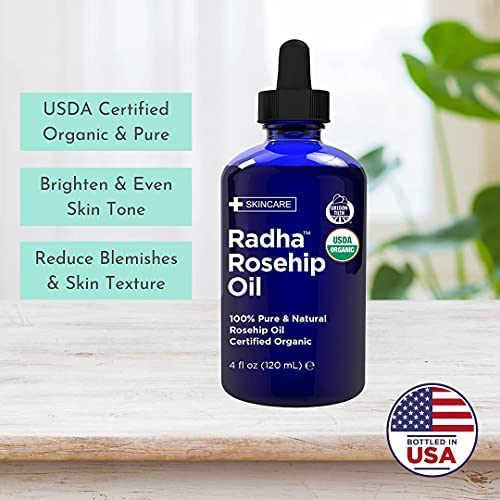 Radha Beauty USA imported natural rosehip oil for skin care routine.