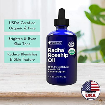 Radha Beauty USA imported natural rosehip oil for skin care routine.