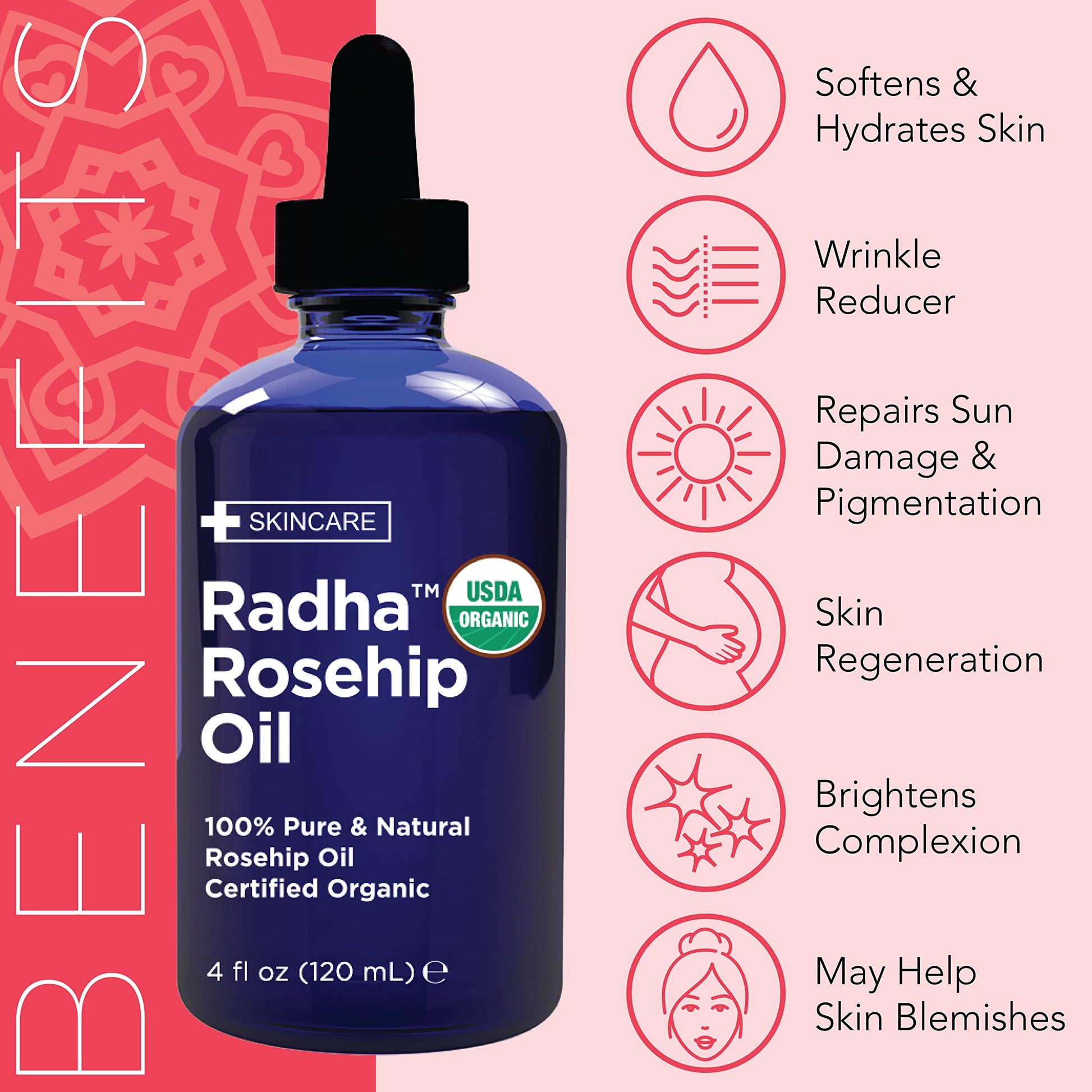 Radha Beauty premium rosehip seed oil bottle displaying ingredient clarity.