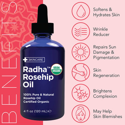 Radha Beauty premium rosehip seed oil bottle displaying ingredient clarity.