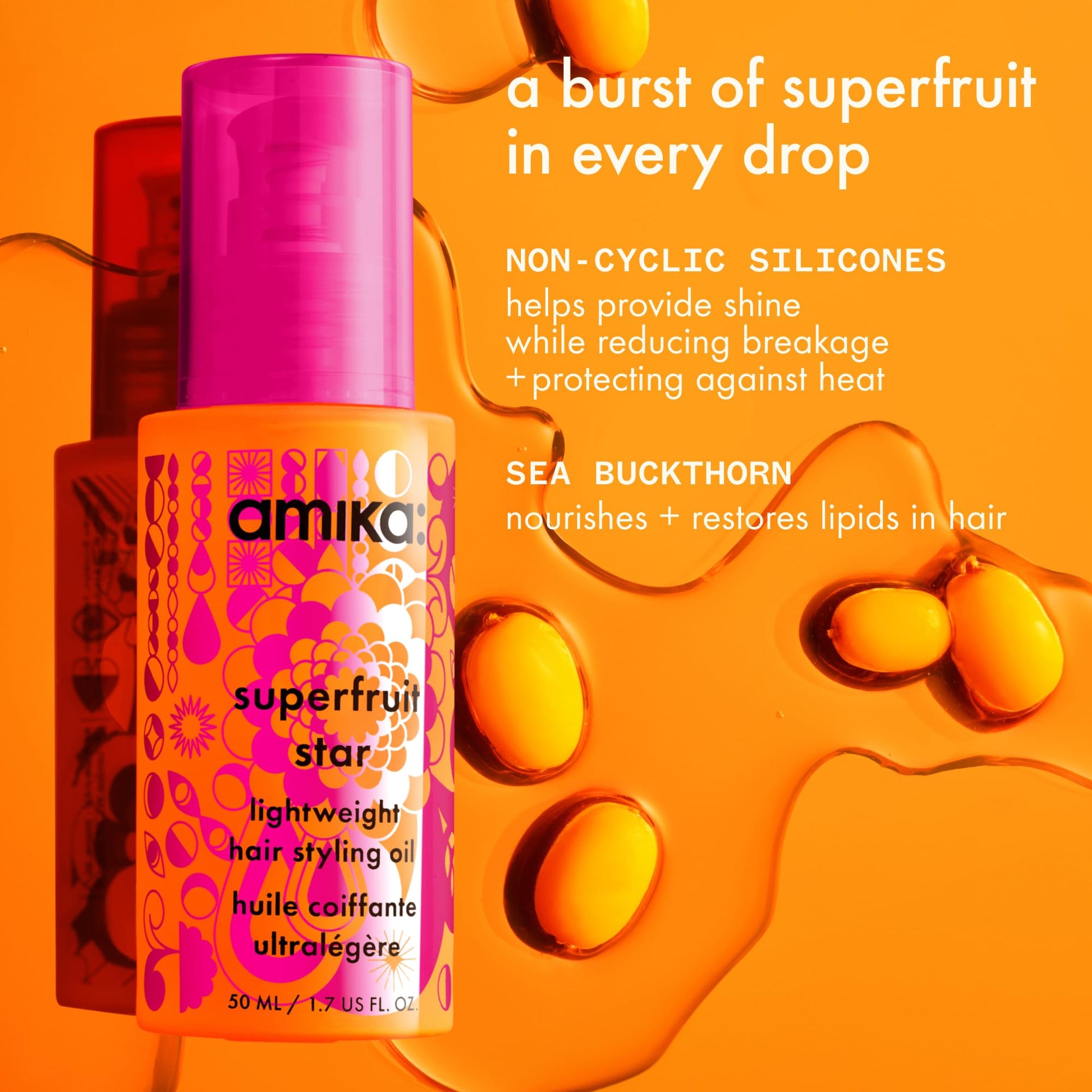 Amika Superfruit Star Heat Defense Oil application on glossy hair