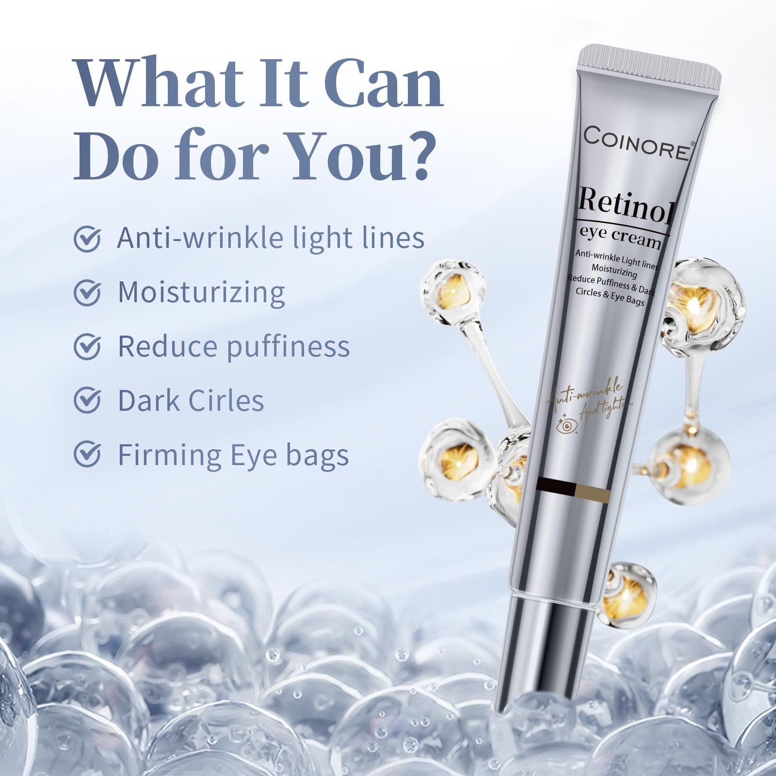 Coinore anti-aging eye cream for dark circles and puffiness being applied on skin.