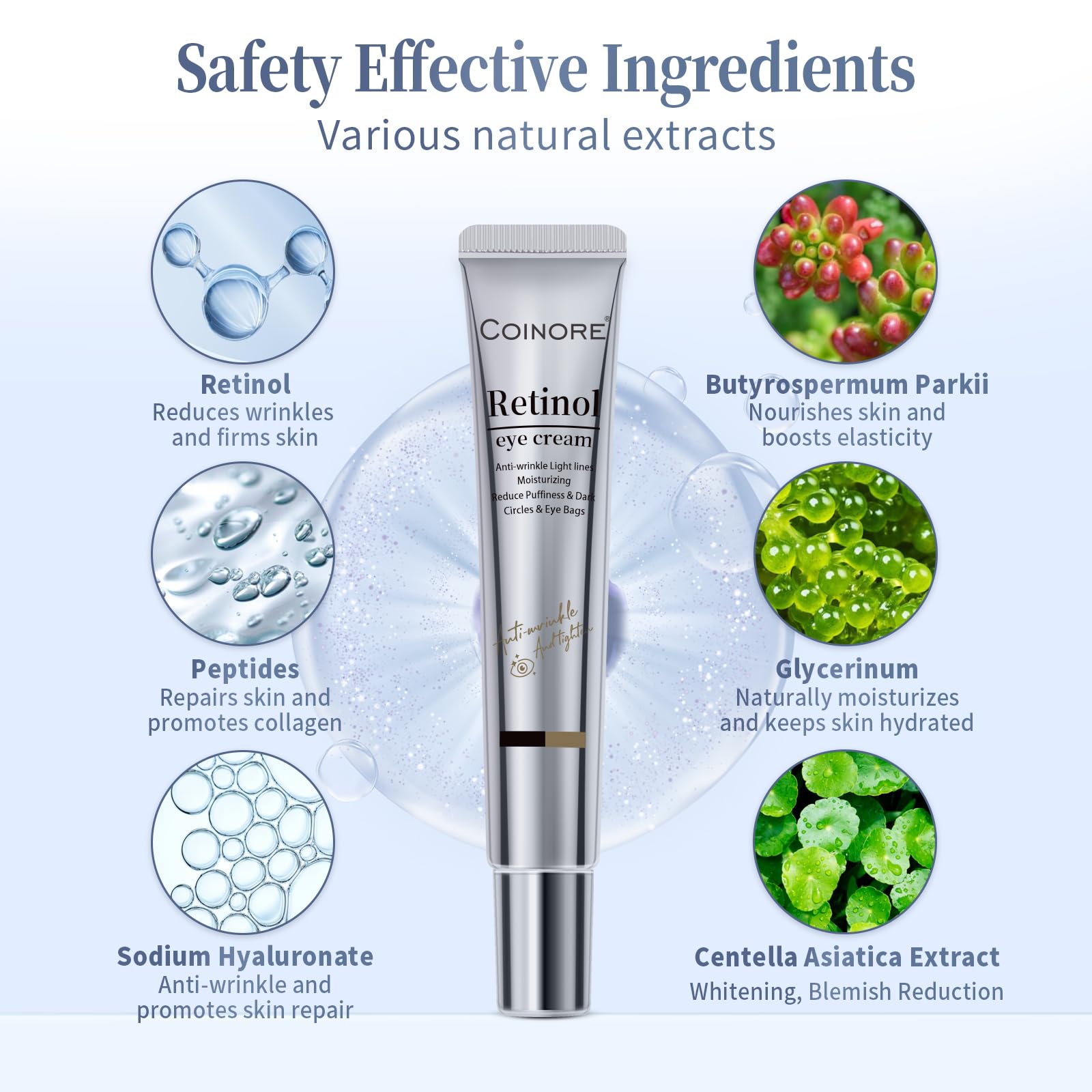 Coinore 0.7 fluid ounce eye cream tube showing the precise applicator tip.
