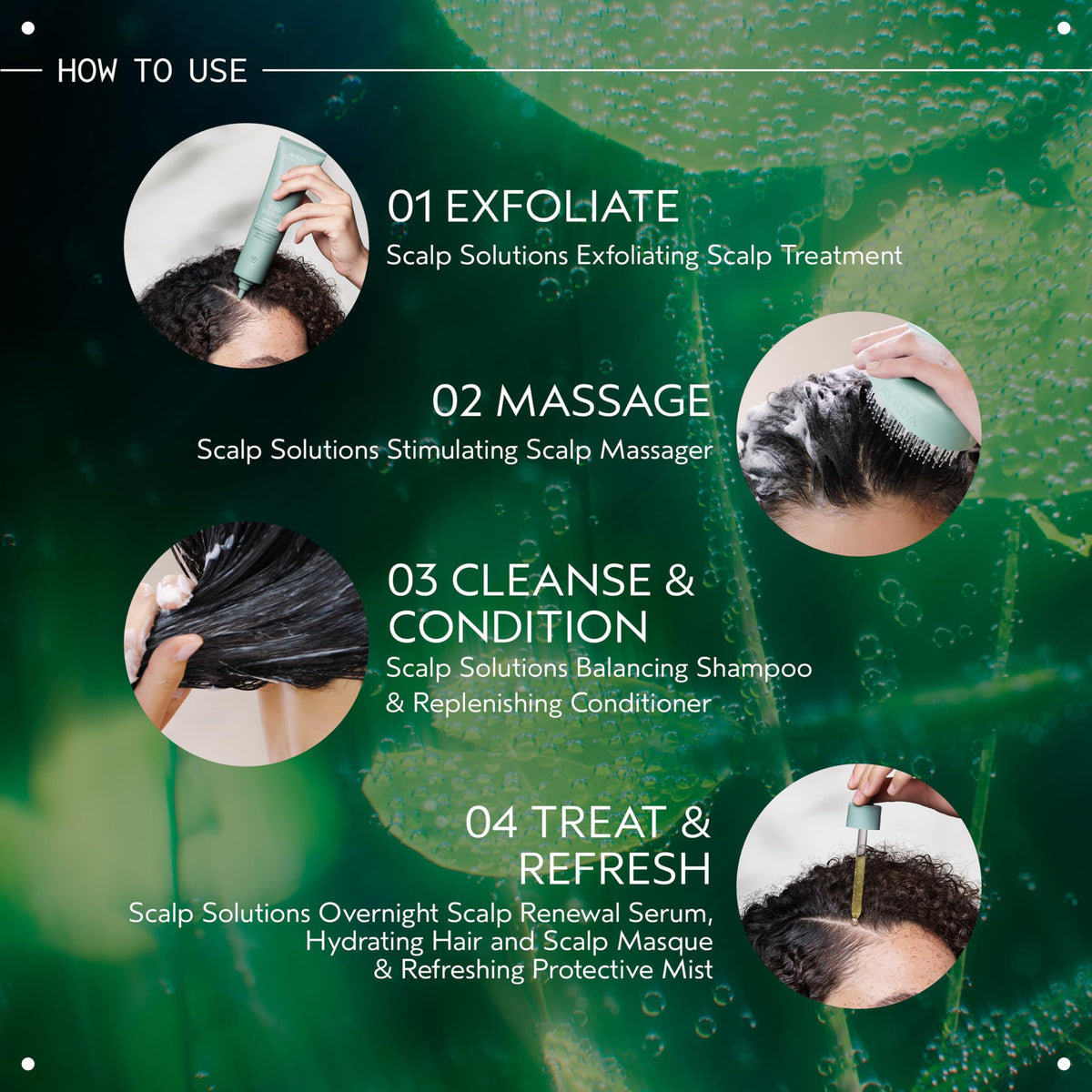 Aveda scalp solutions product lifestyle flatlay with natural ingredients