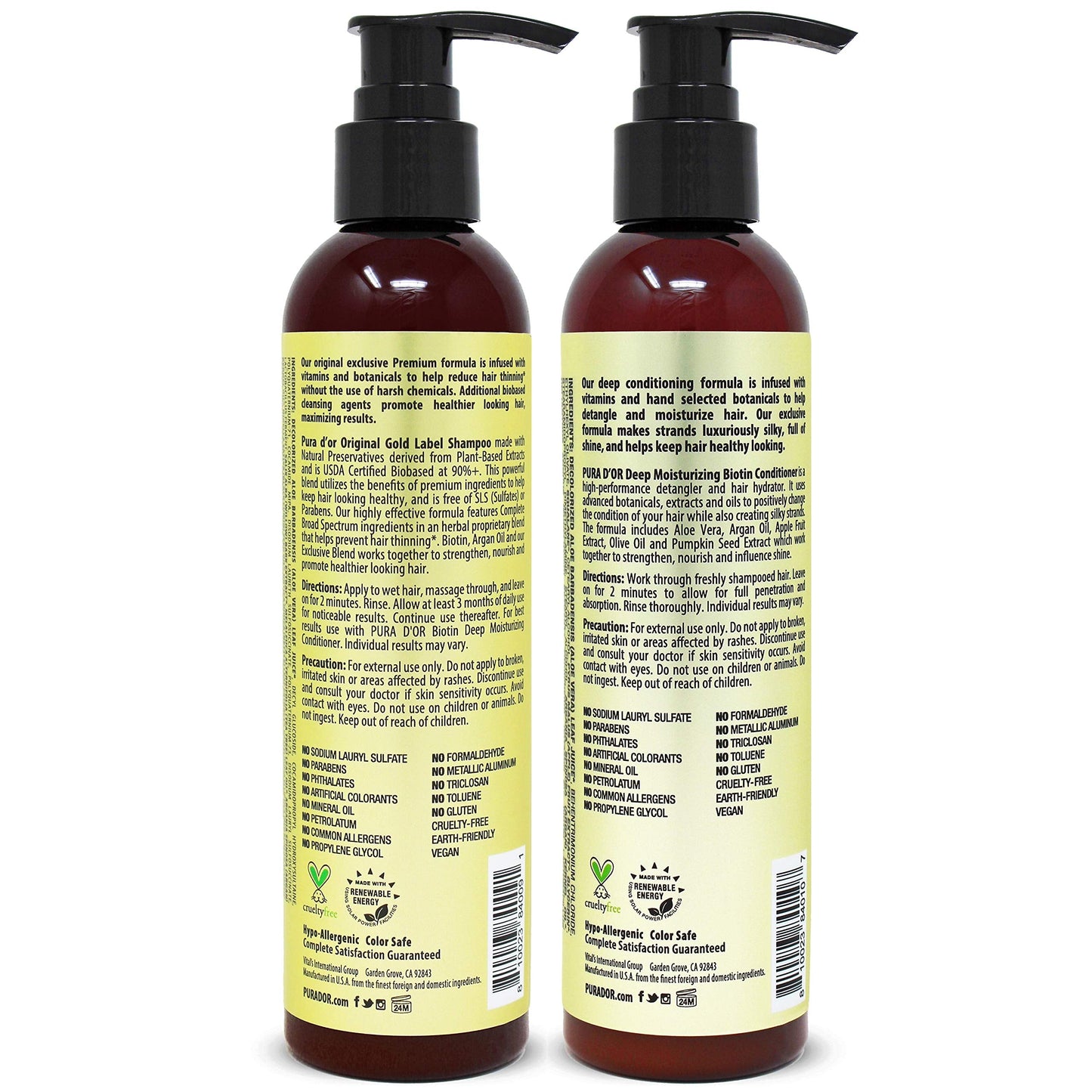 Pura D'or anti-thinning shampoo and conditioner bottles side by side
