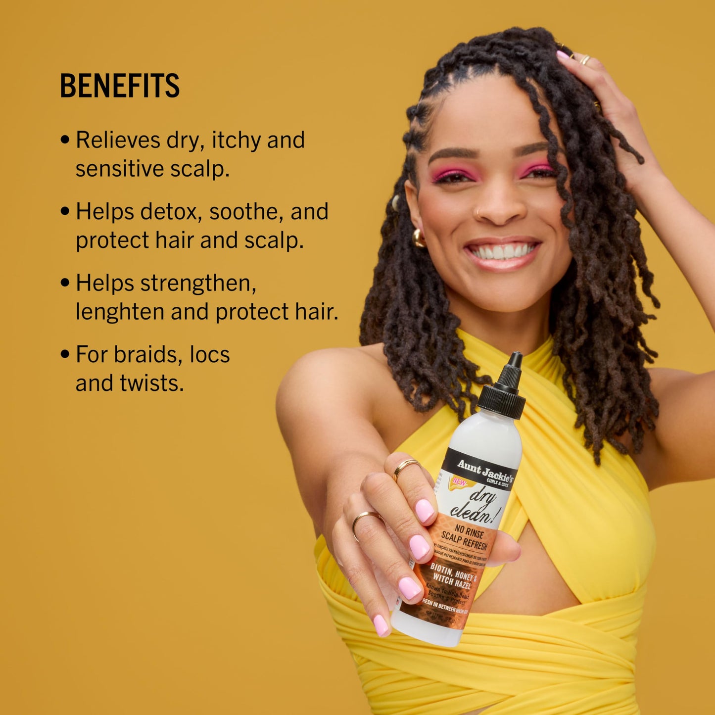 Back label of Aunt Jackie's Dry Clean No Rinse Scalp Refresh with ingredients