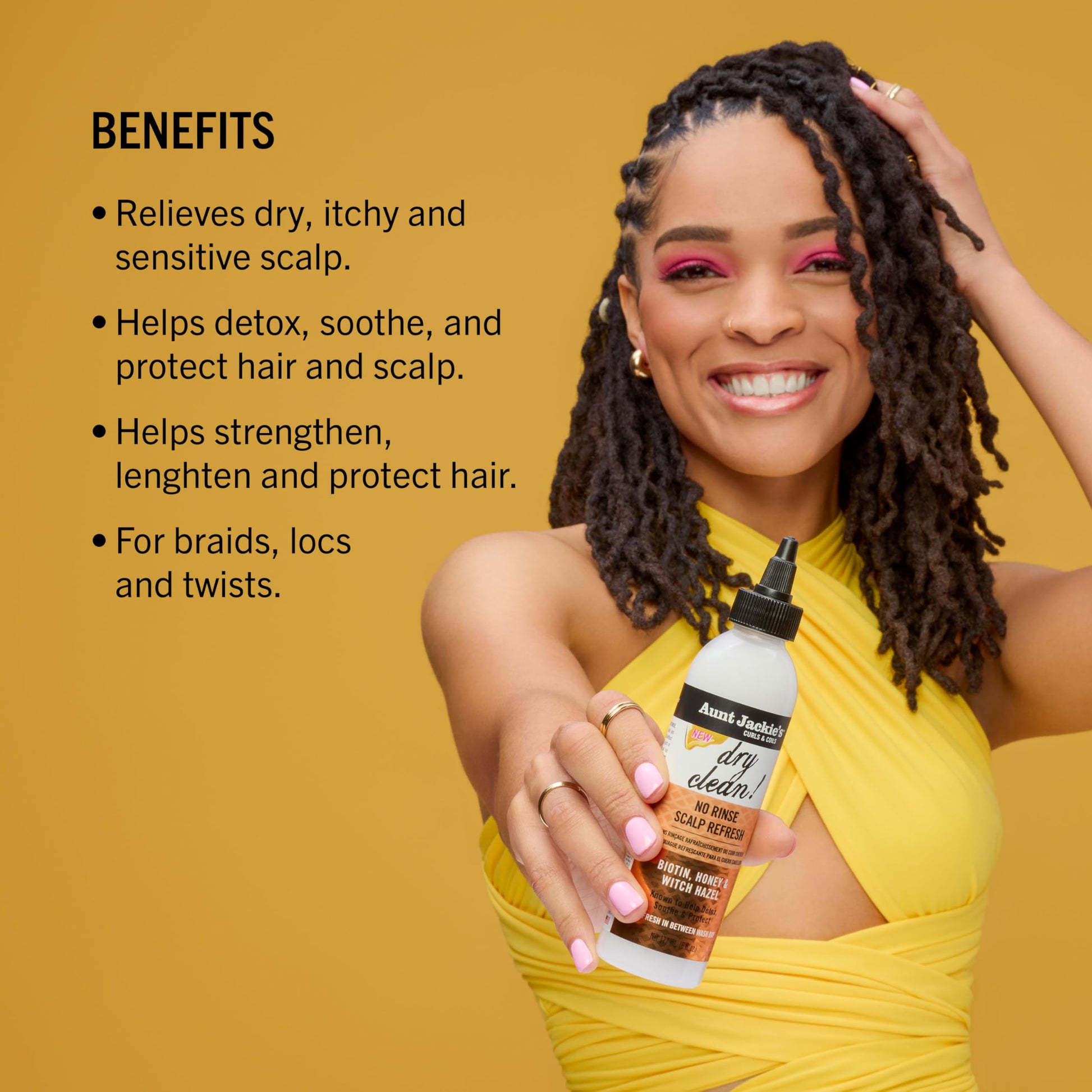 Back label of Aunt Jackie's Dry Clean No Rinse Scalp Refresh with ingredients
