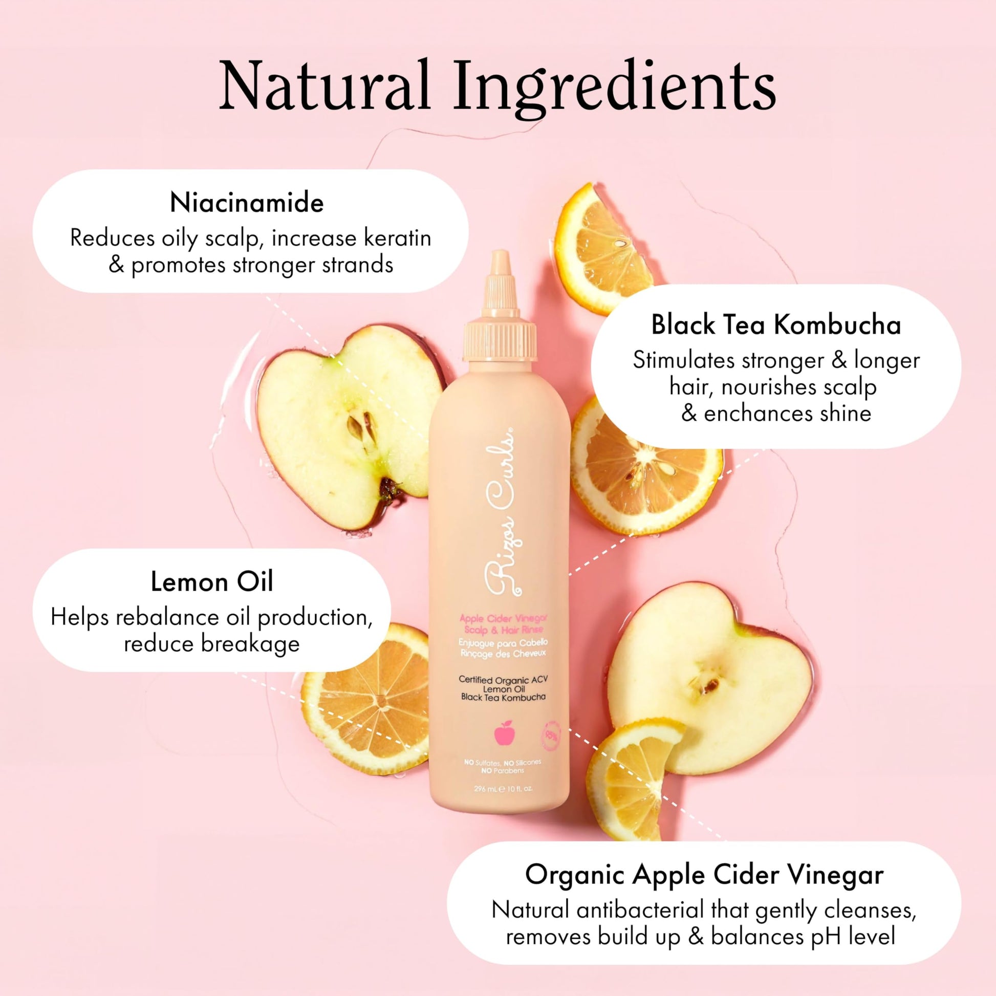Back of Rizos Curls Apple Cider Vinegar hair treatment bottle