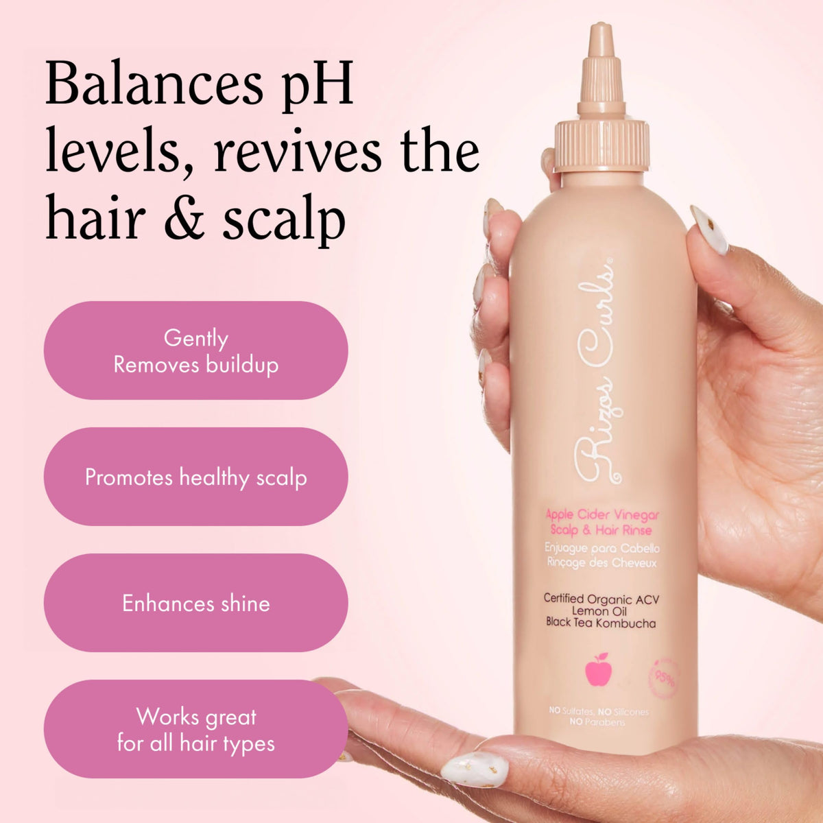 Rizos Curls Apple Cider Vinegar Scalp And Hair Rinse lifestyle application on curls