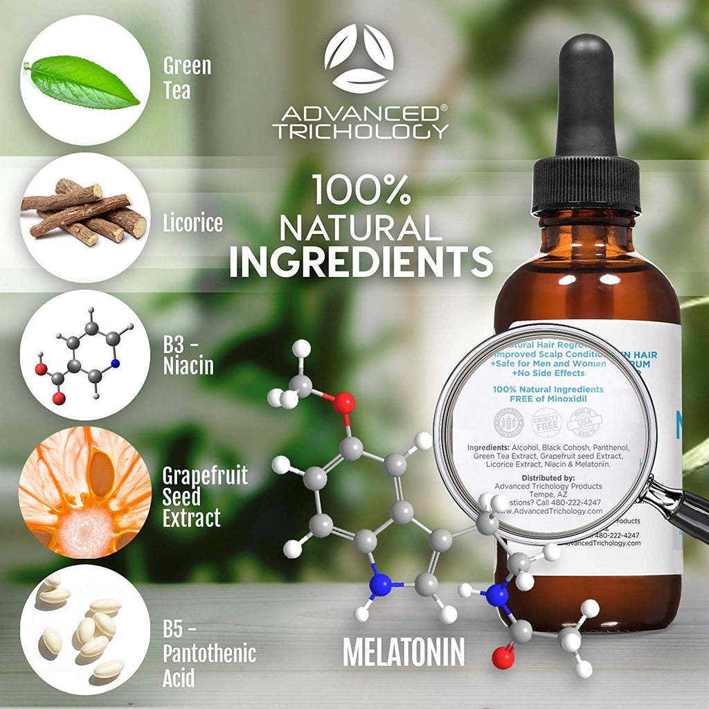 Advanced Trichology hair growth serum bottle next to product carton
