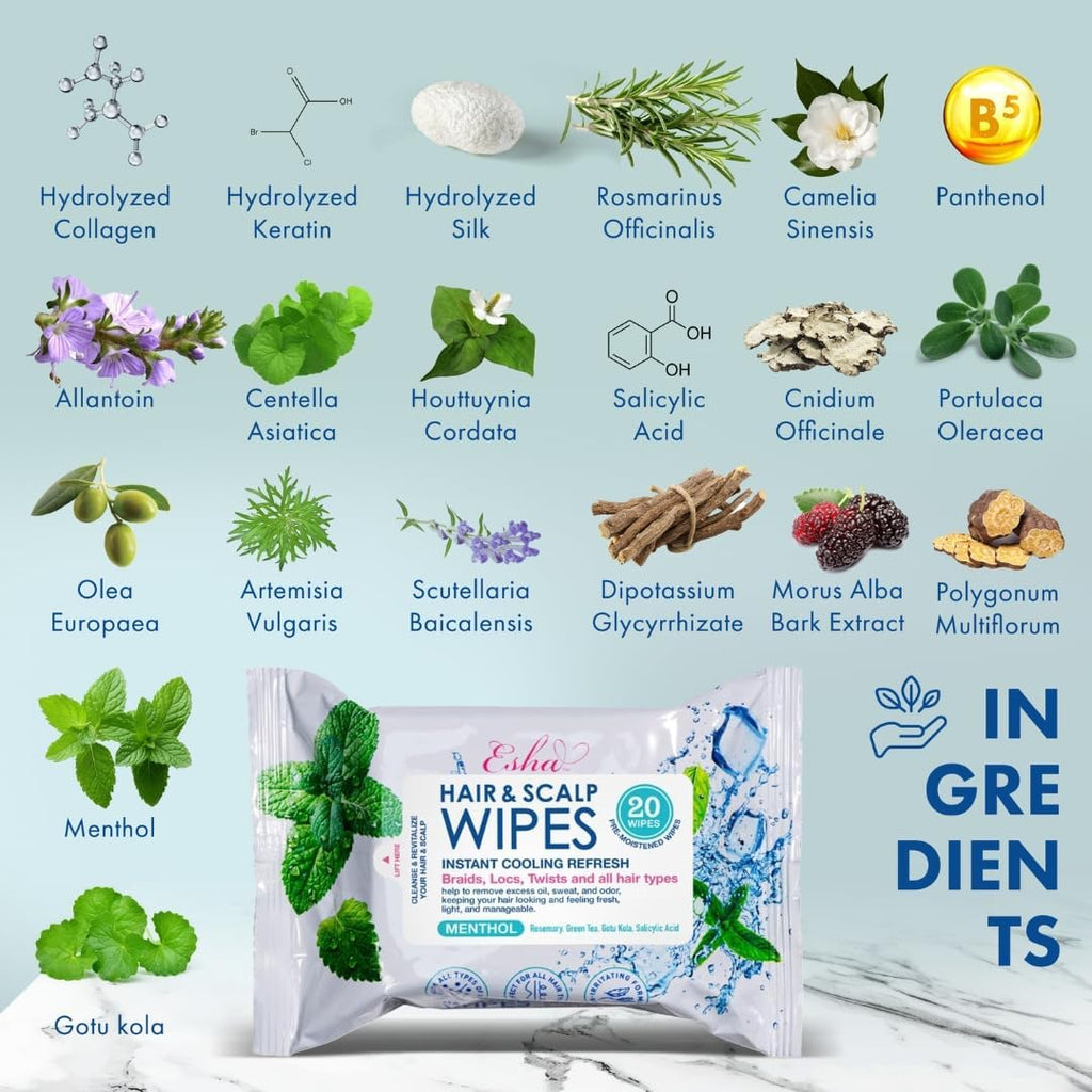 Esha hair and scalp wipes displayed with protective styling graphics