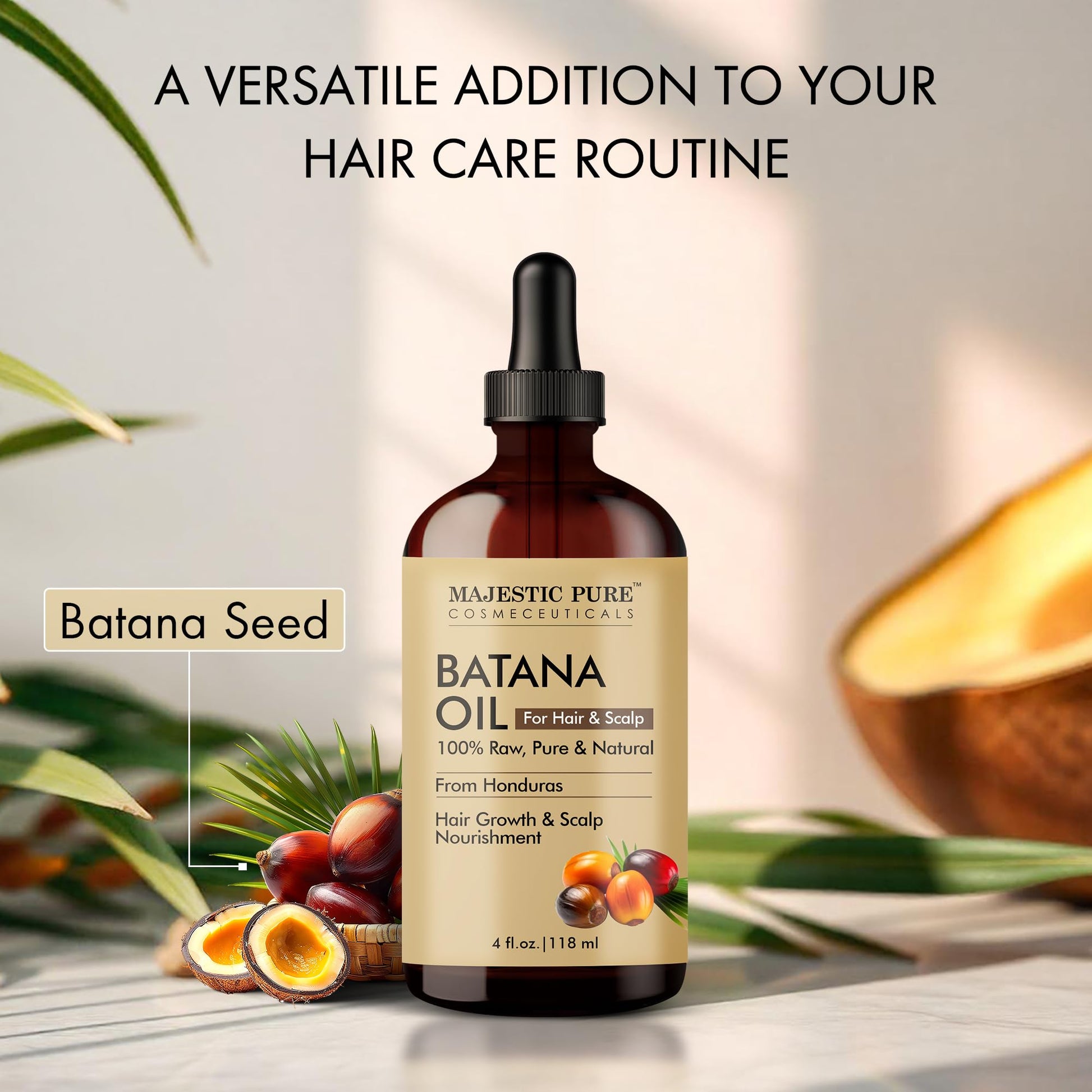 Majestic Pure Batana Oil label details and 4 fluid ounces size