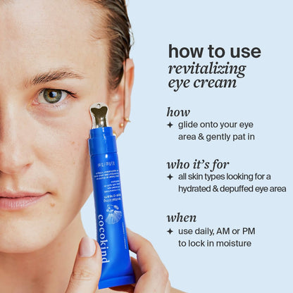 Applying Cocokind eye cream under the eye area using the metal massage tip.