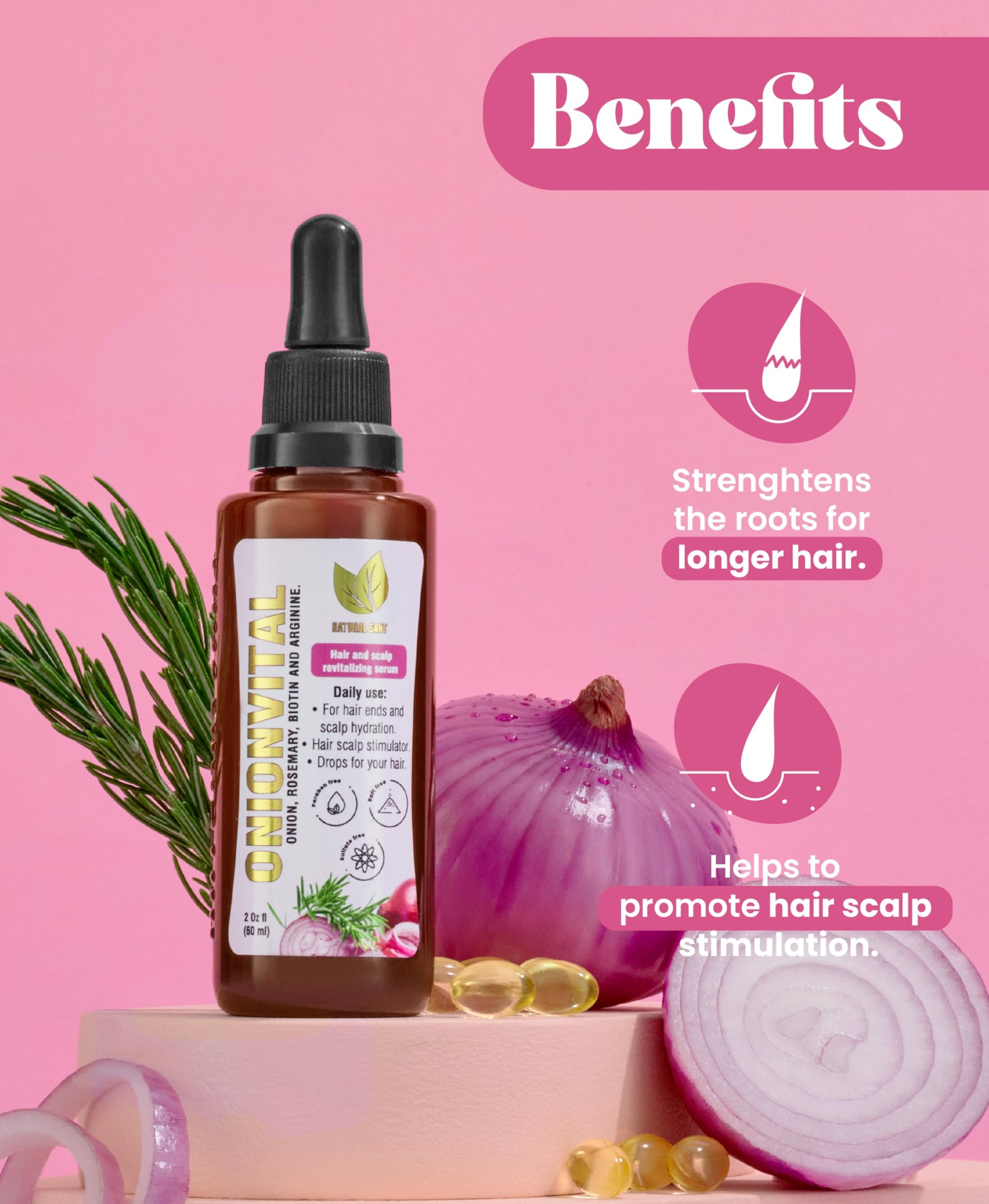 Natural Sant hair serum bottle with onion and rosemary extracts