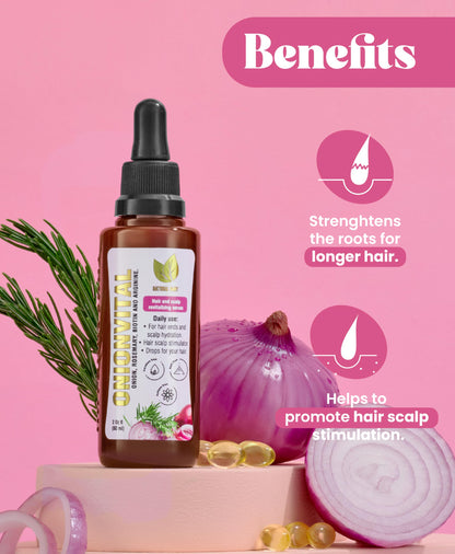 Natural Sant hair serum bottle with onion and rosemary extracts