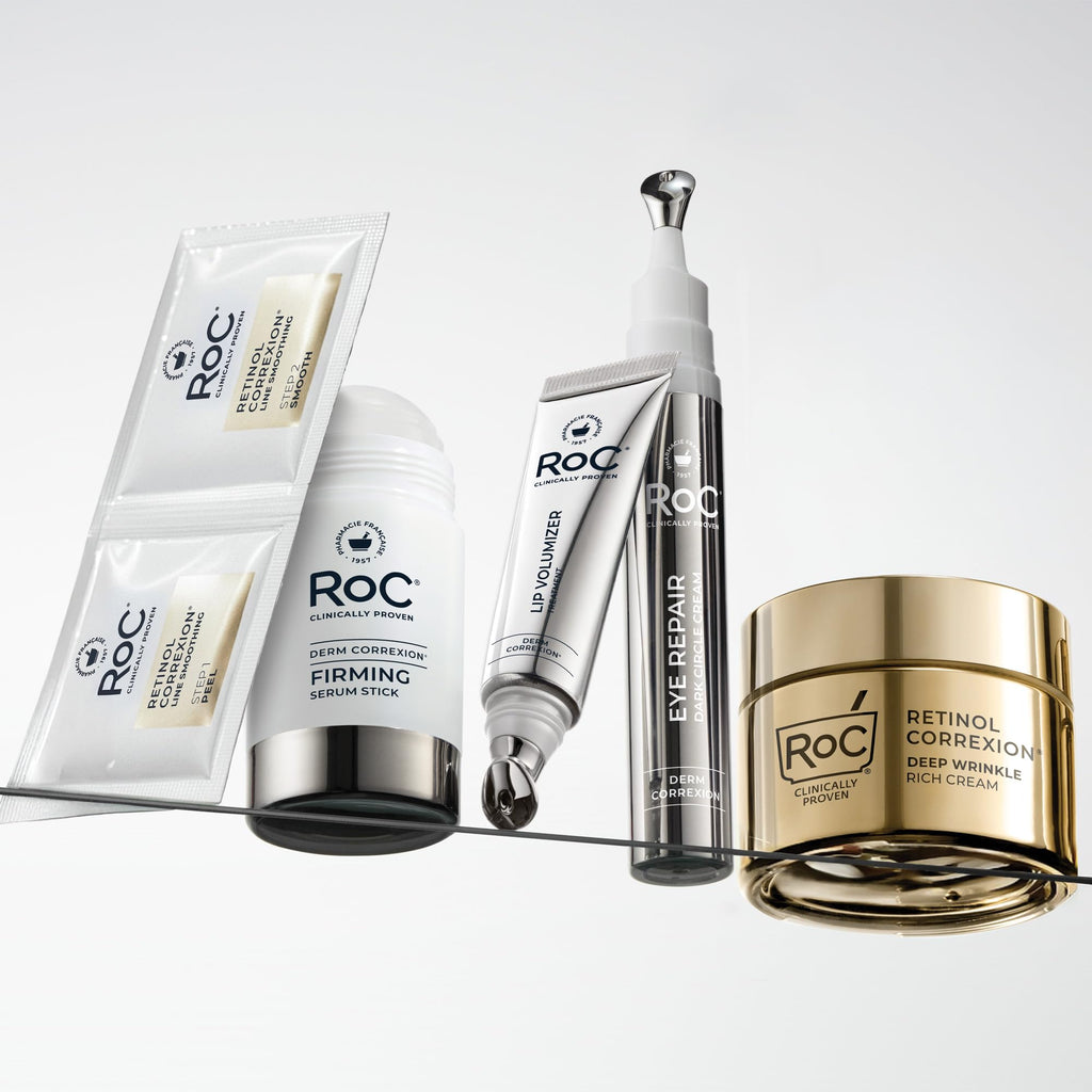 RoC Derm Correxion Retinol Eye Repair Cream complete product set layout