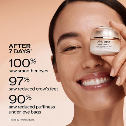 Applying Shiseido Benefiance wrinkle smoothing cream around the orbital bone