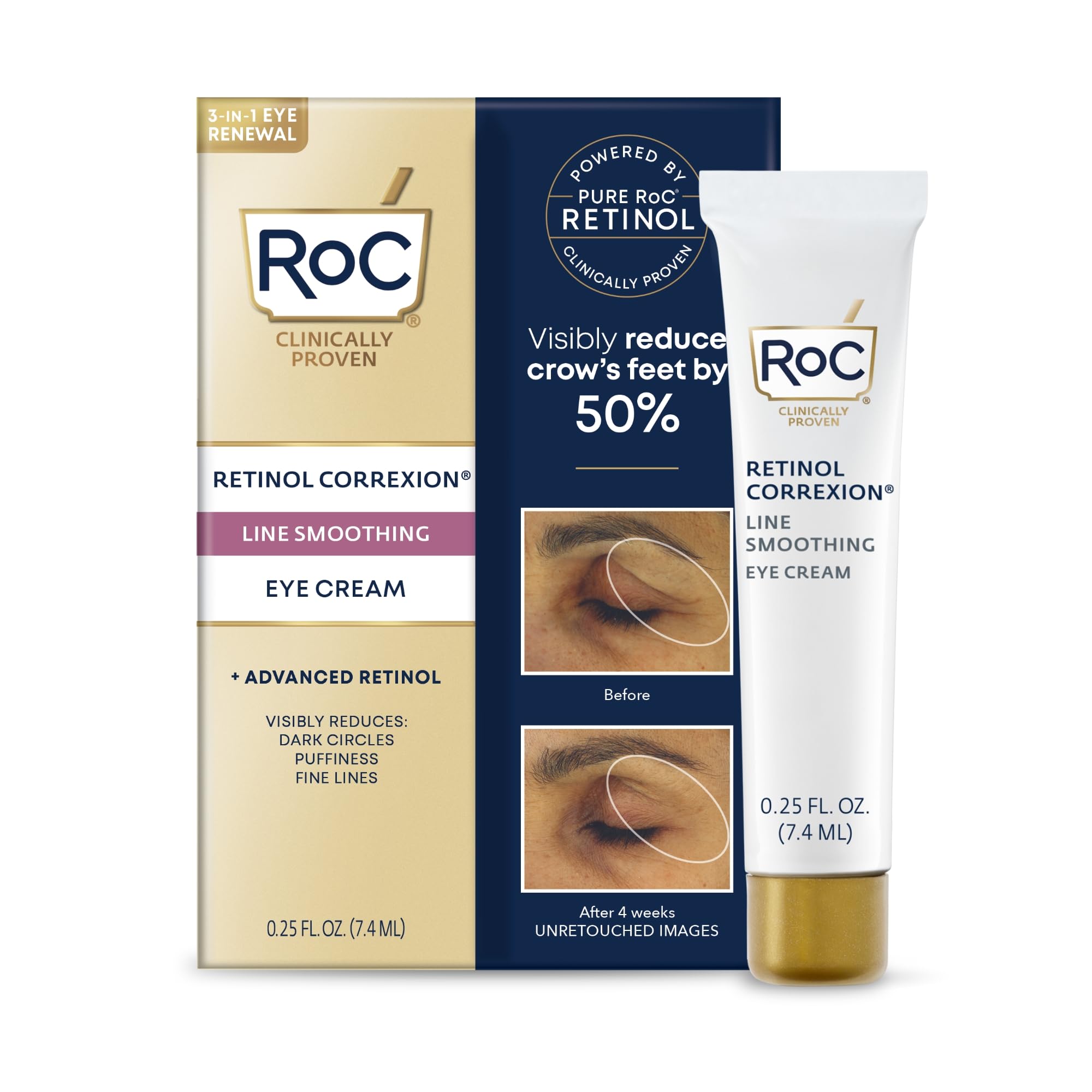 RoC anti aging under eye treatment tube showing product details and benefits.