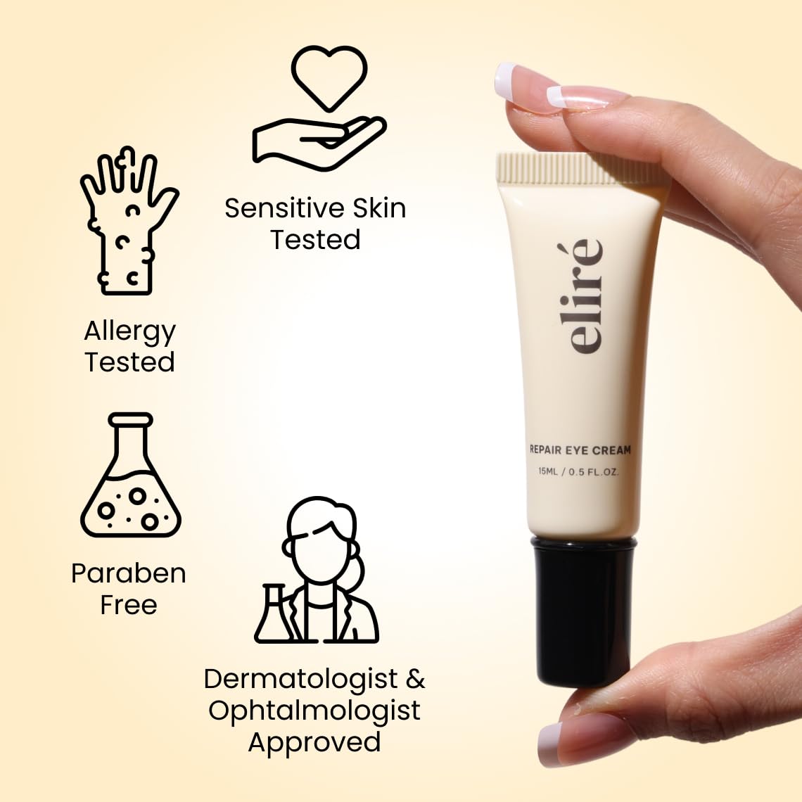 Close-up of Eliré 15ml eye cream tube emphasizing its fast-absorbing and lightweight formula properties