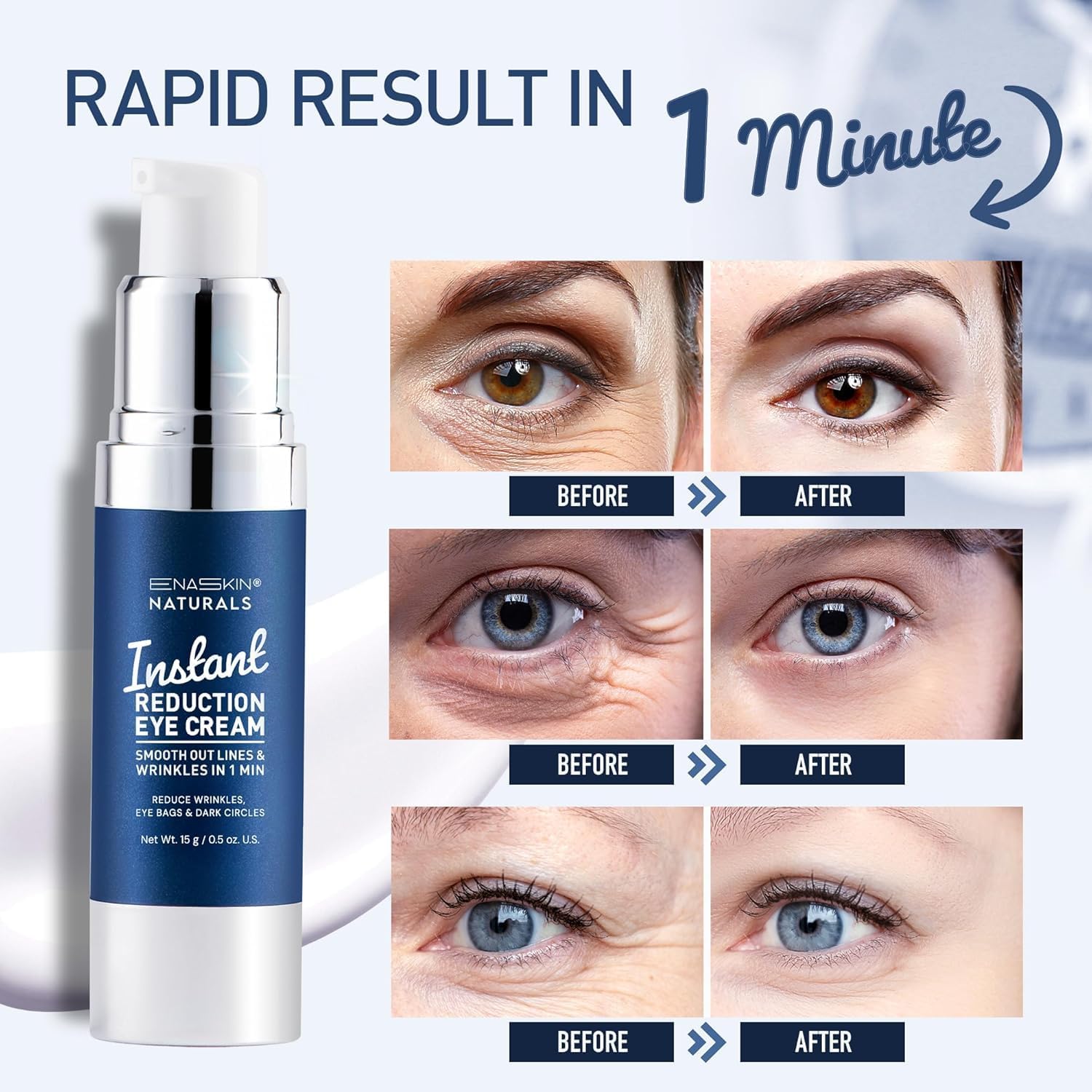 Under-eye bags and puffiness remover cream bottle close up view
