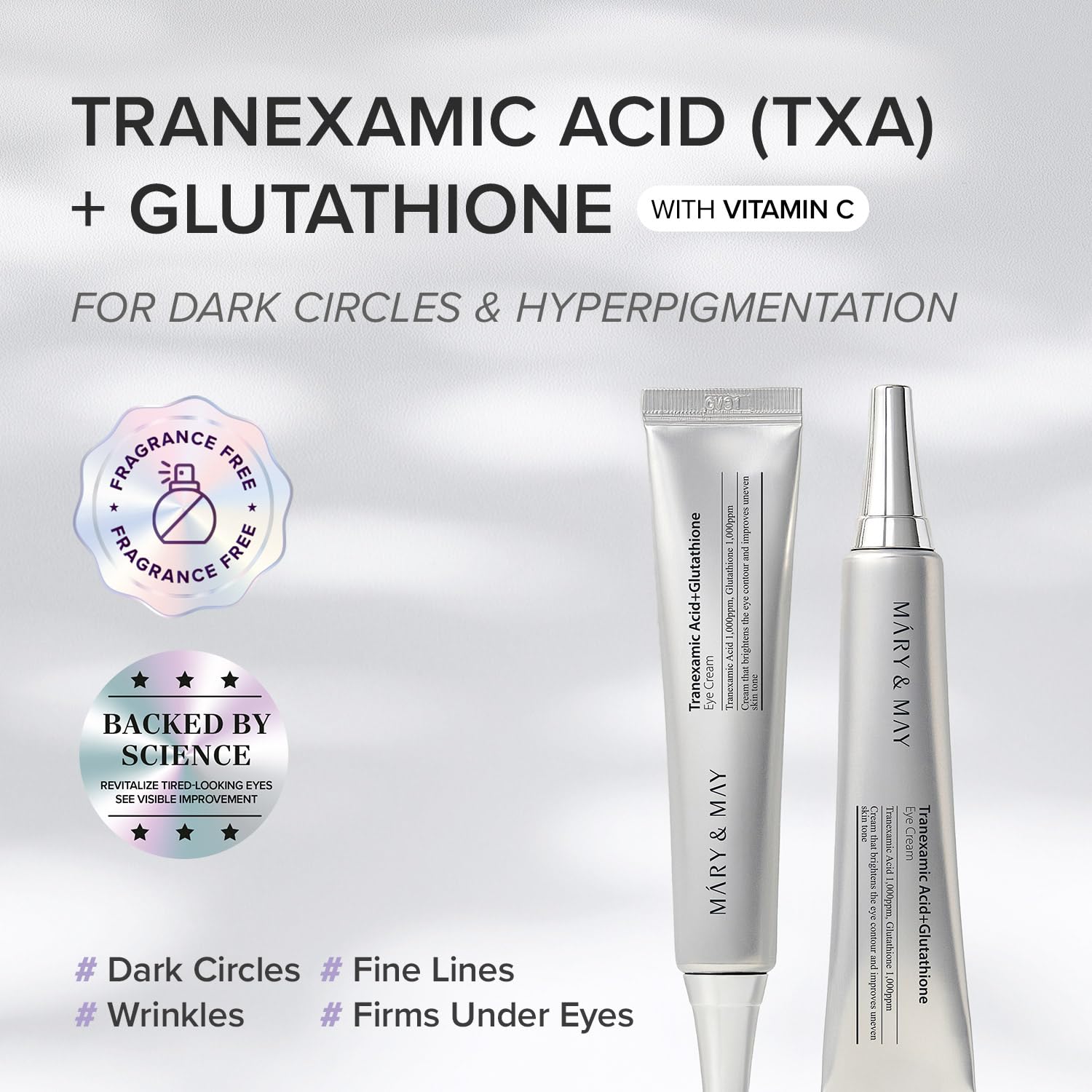 Mary and May Korean eye cream tube on clean background