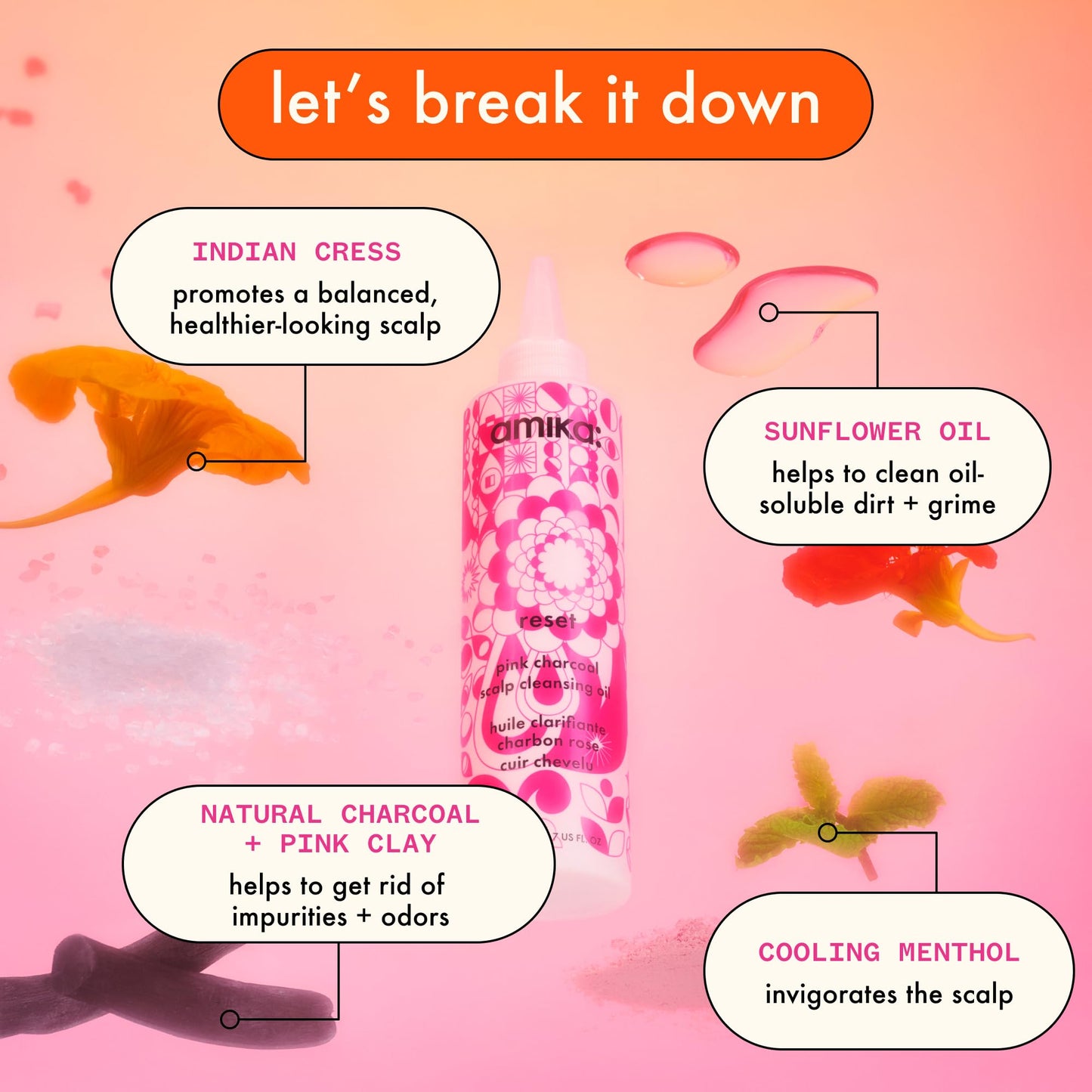 Close up of Amika Reset Pink Charcoal Scalp Cleansing Oil branding