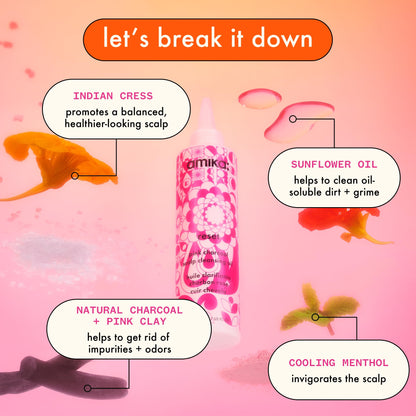 Close up of Amika Reset Pink Charcoal Scalp Cleansing Oil branding