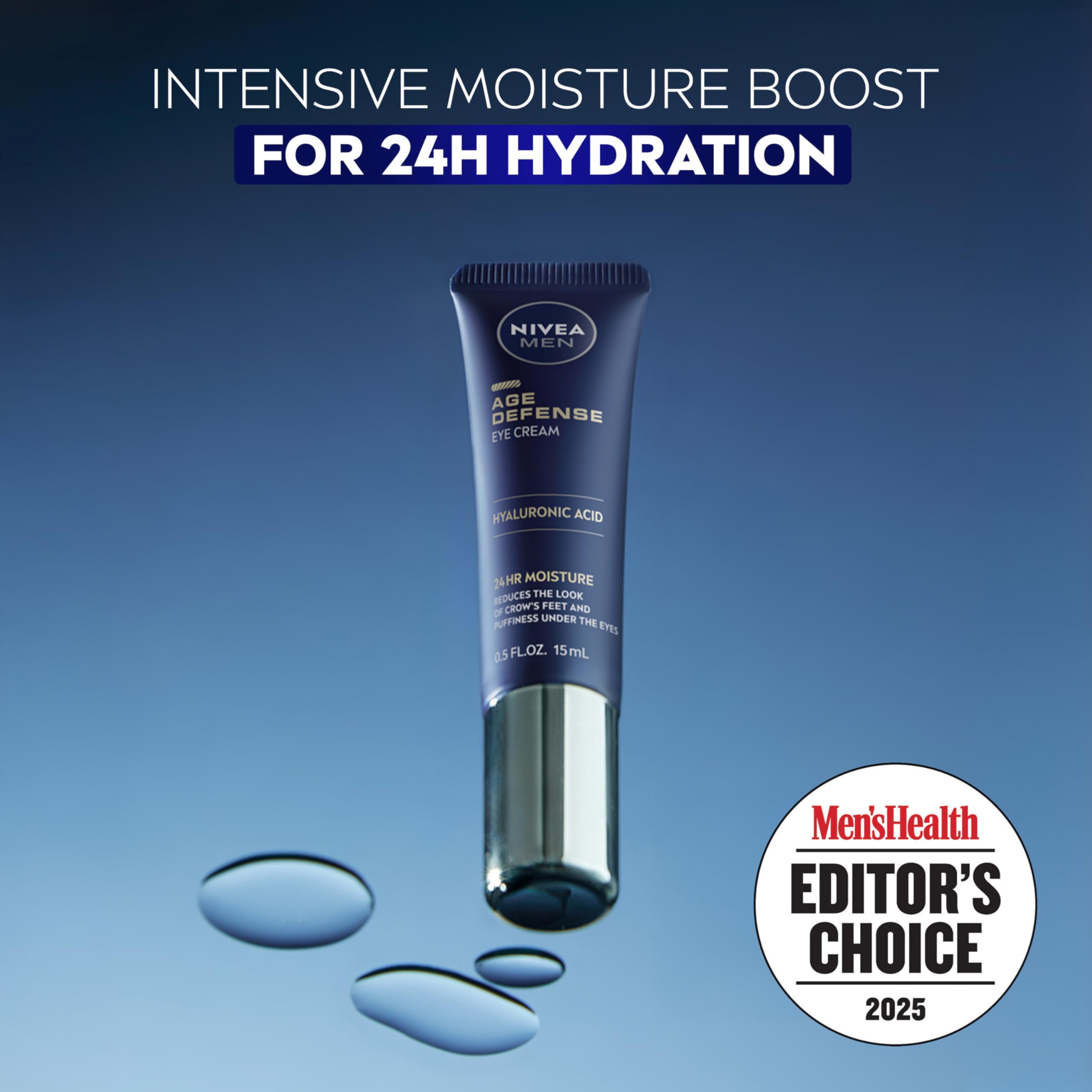 NIVEA MEN hydrating under eye cream packaging showing anti-aging benefits.