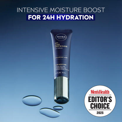 NIVEA MEN hydrating under eye cream packaging showing anti-aging benefits.