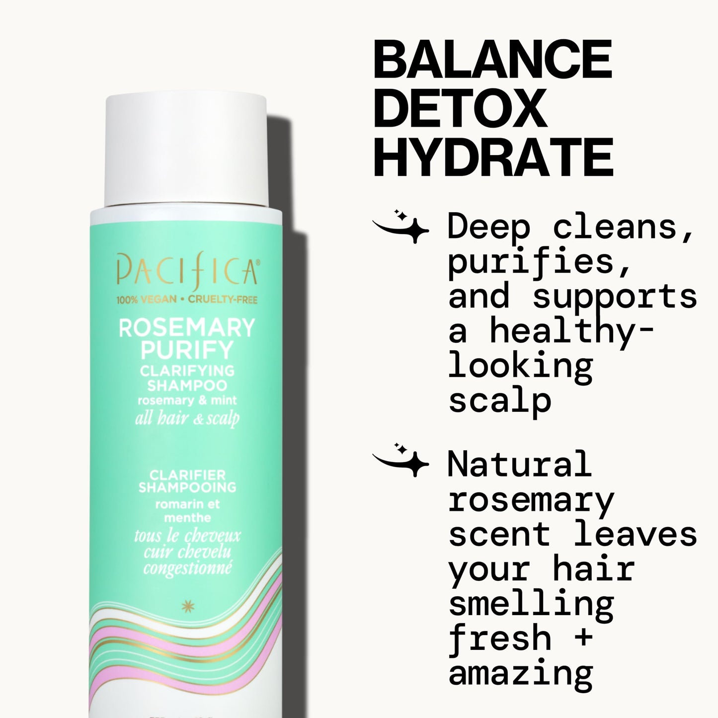 Back label of Pacifica Rosemary Purify shampoo showing ingredients
