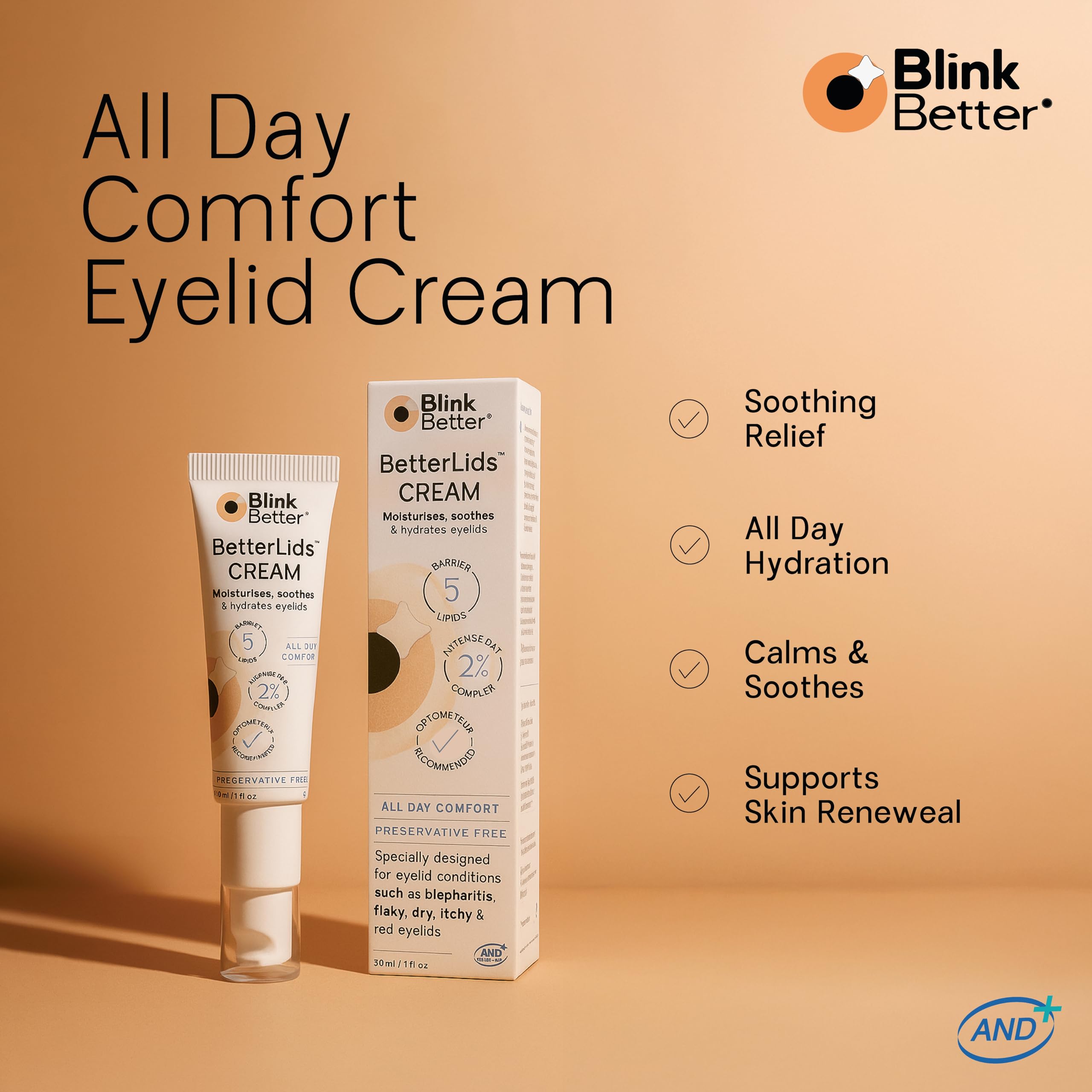 BlinkBetter Restore Eyelid Cream showing the texture for sensitive dry skin around the eyes