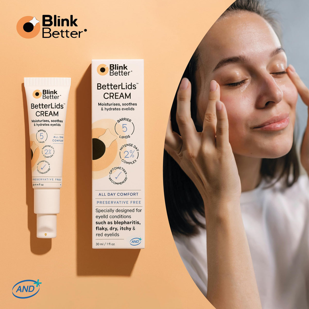 BlinkBetter BetterLids Restore Eyelid Cream lifestyle application view.