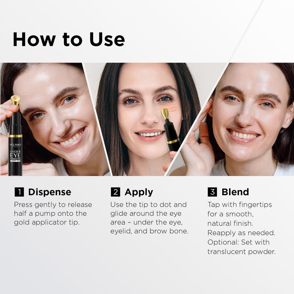 Velamo Advanced Under Eye Corrector applied on skin showing luminous dewy finish