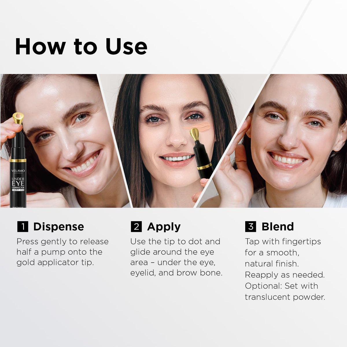 Velamo Advanced Under Eye Corrector applied on skin showing luminous dewy finish