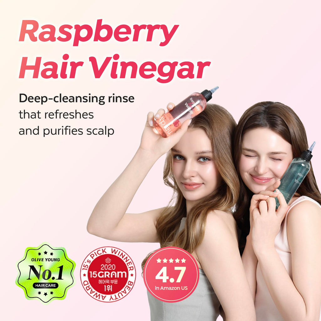 A'PIEU Raspberry Hair Vinegar bottle showing black nozzle applicator cap