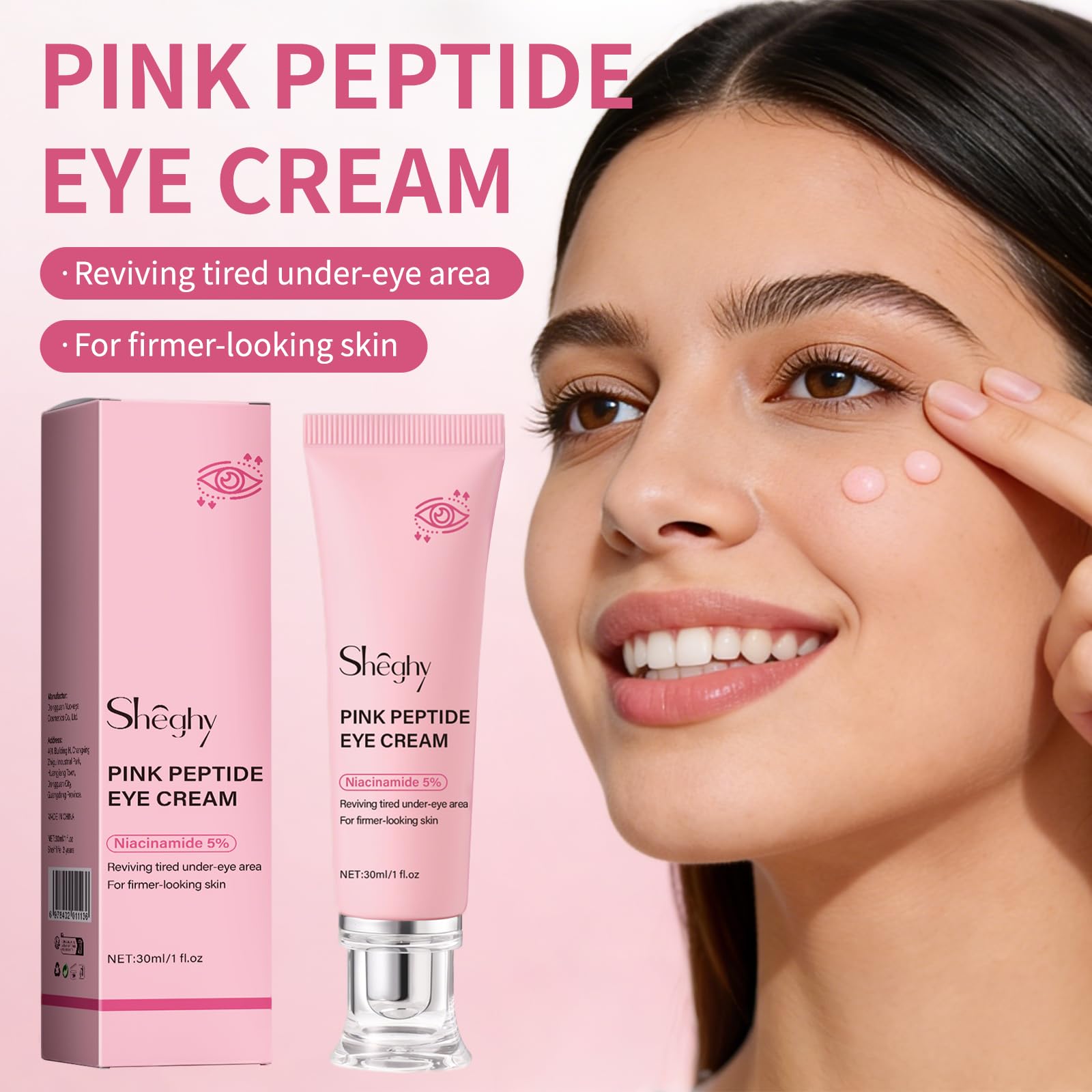 Sheghy PDRN under eye treatment tube alongside its product carton box displaying ingredient details