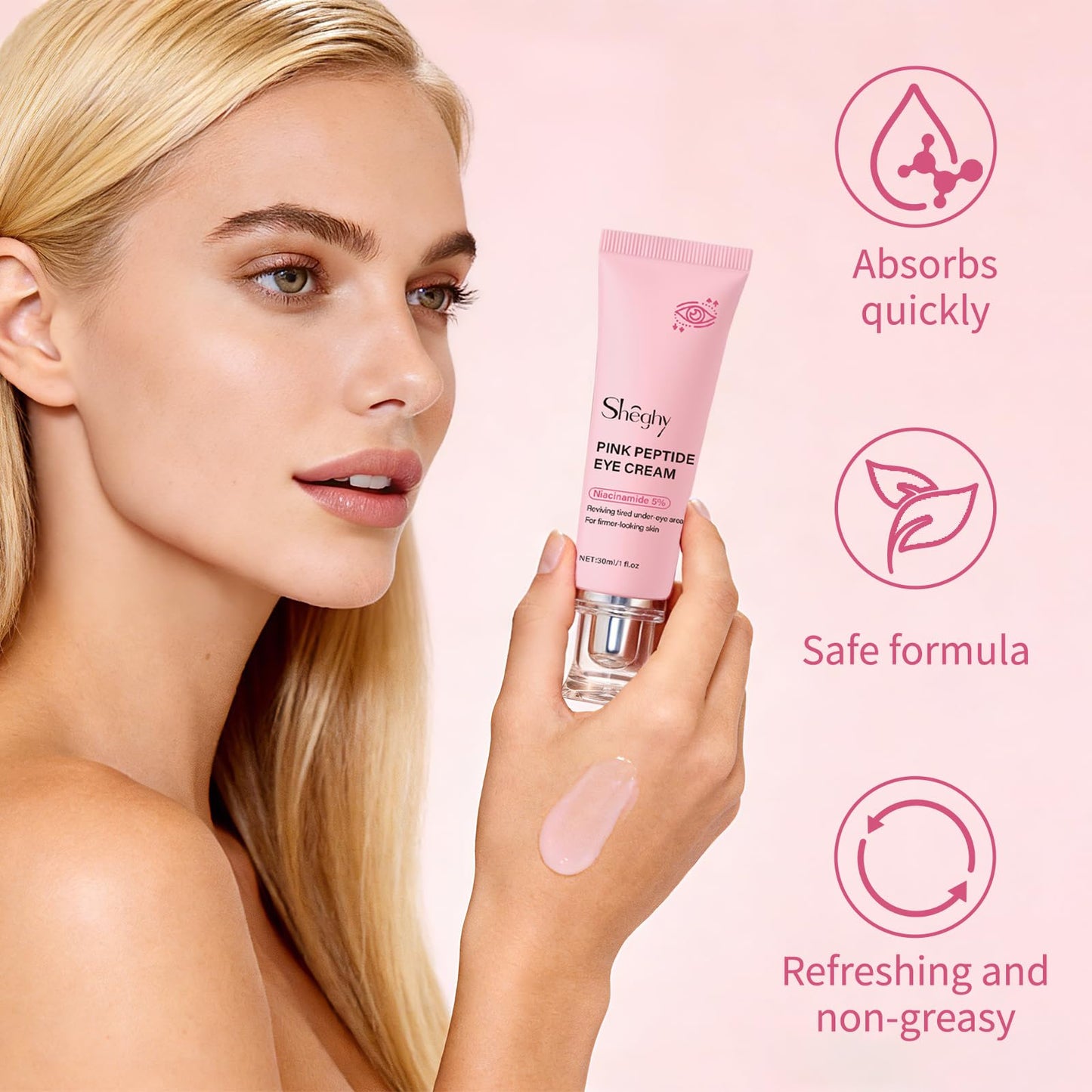 Authentic USA imported anti aging peptide eye cream being dispensed onto a fingertip for application