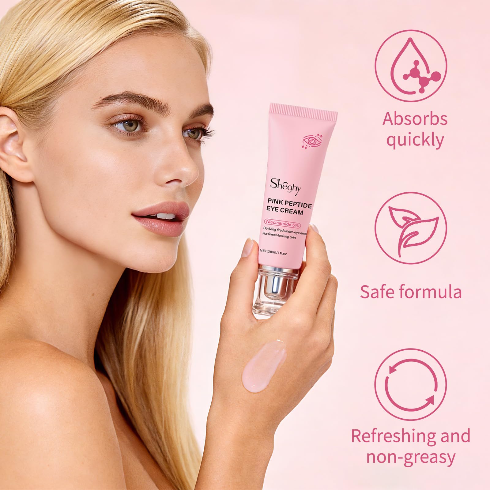Authentic USA imported anti aging peptide eye cream being dispensed onto a fingertip for application