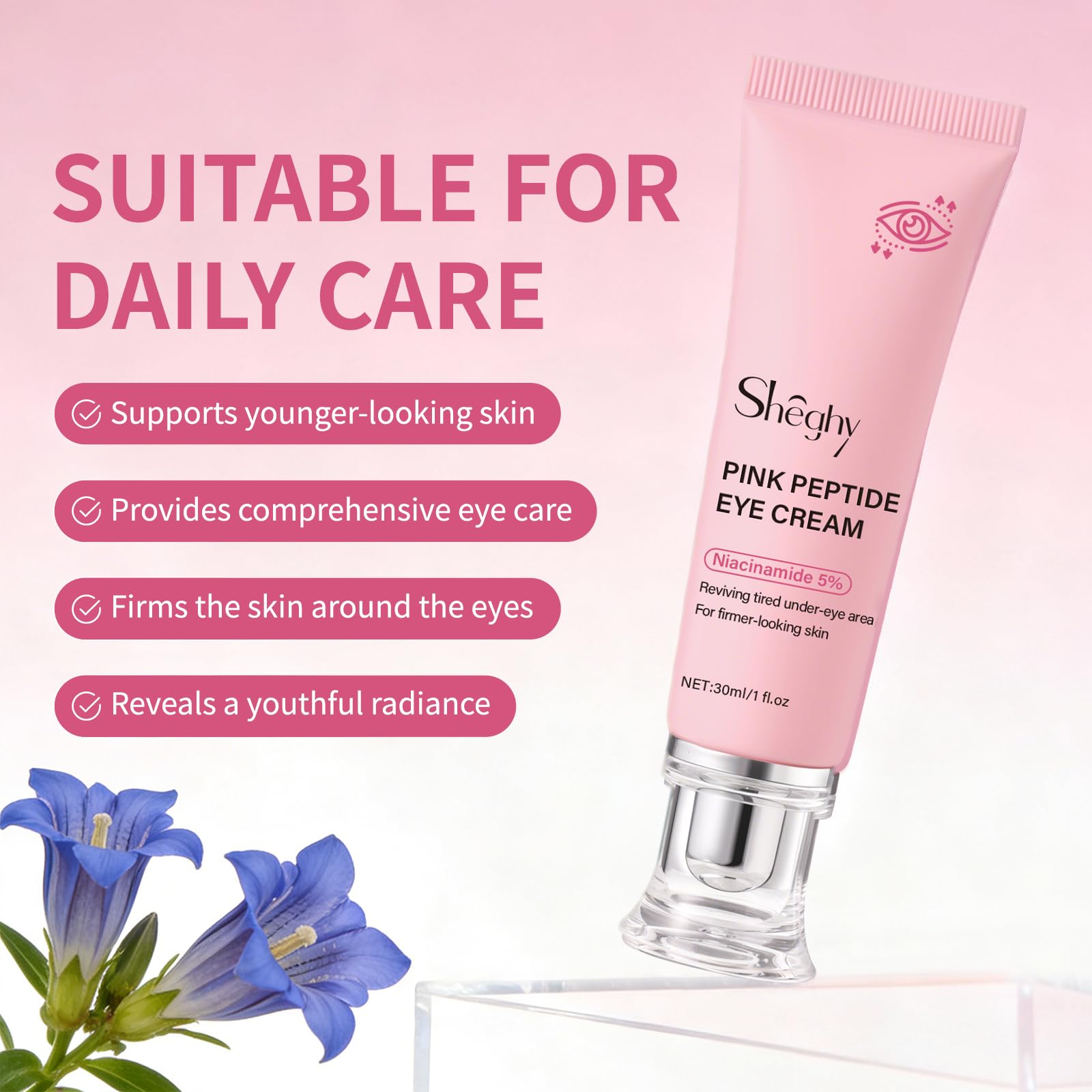 Side view of the salmon DNA infused pink peptide eye cream packaging emphasizing the size specifications